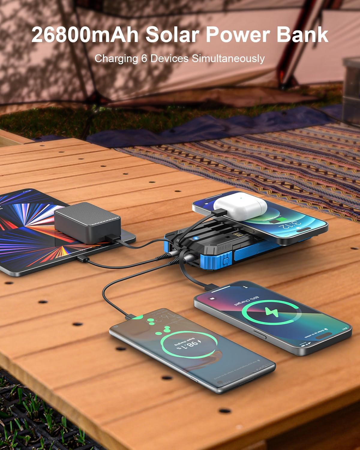 Solar Powerbank 26800 mAh mit integrierten 4 Kabeln USB‑C Schnellladung Qi Wirel