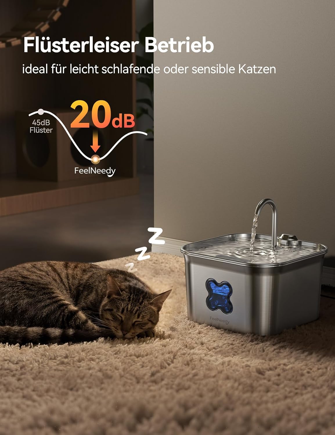 FEELNEEDY Katzenbrunnen Edelstahl 2,8L mit 4-fach Filter leise mit LED