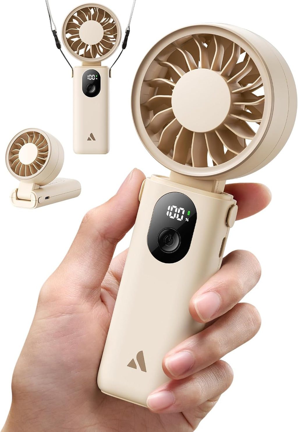 Aecooly 3‑in‑1 Handventilator USB wiederaufladbar 5 Stufen LED Anzeige Beige