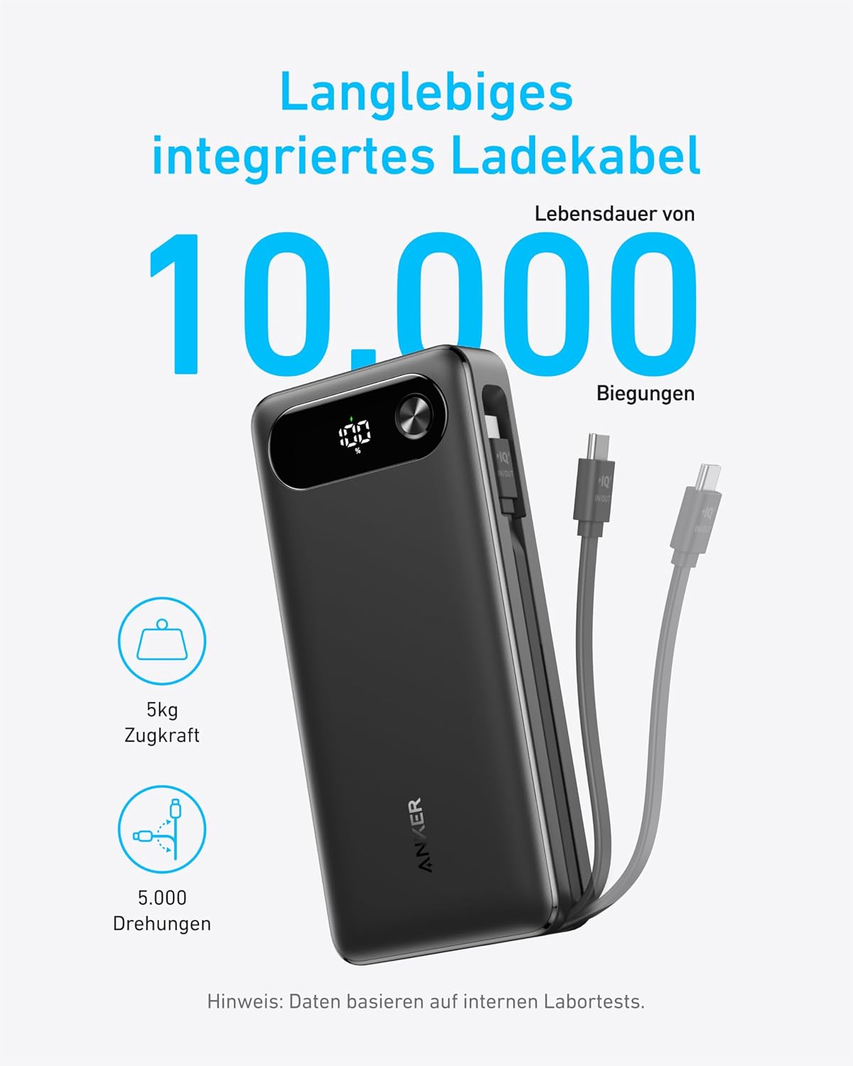 Anker Powerbank 20000 mAh 87W mit integriertem USB‑C Kabel, USB‑A, USB‑C