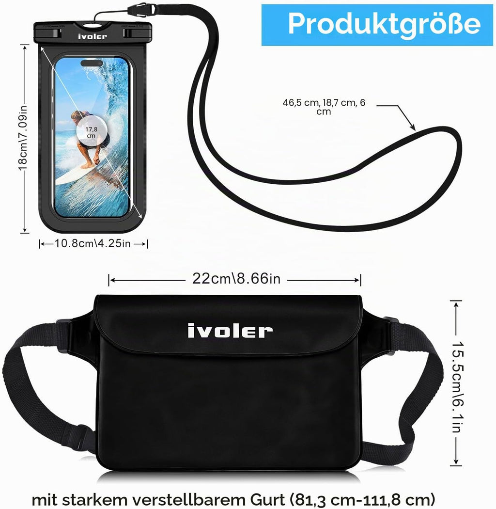 ivoler wasserdichte Bauchtasche mit Handytasche schwarz Universal Strand Tasche