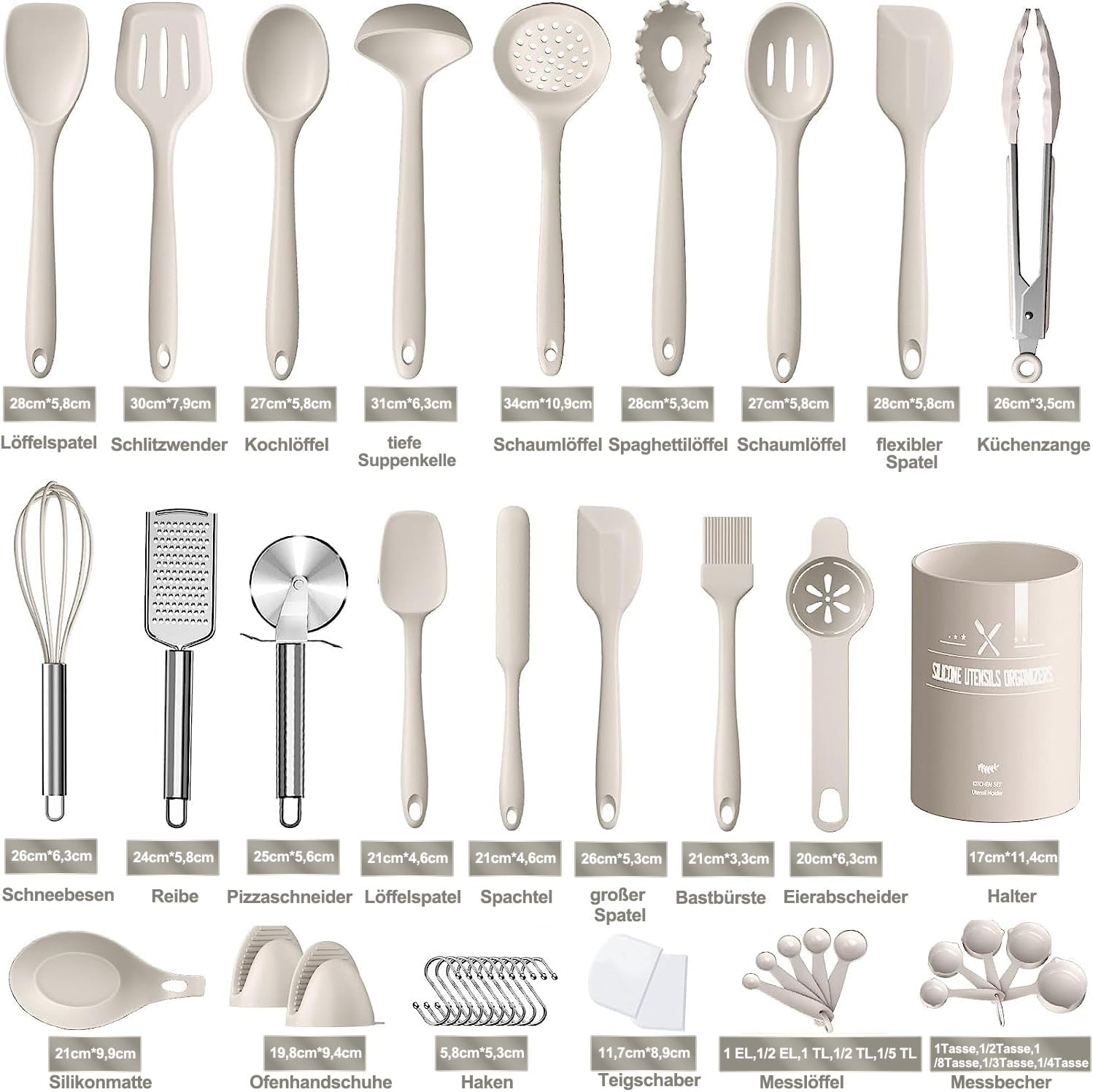 Silikon Kuechenhelfer Set 43-teilig schwarz hitzebestaendig mit Halter