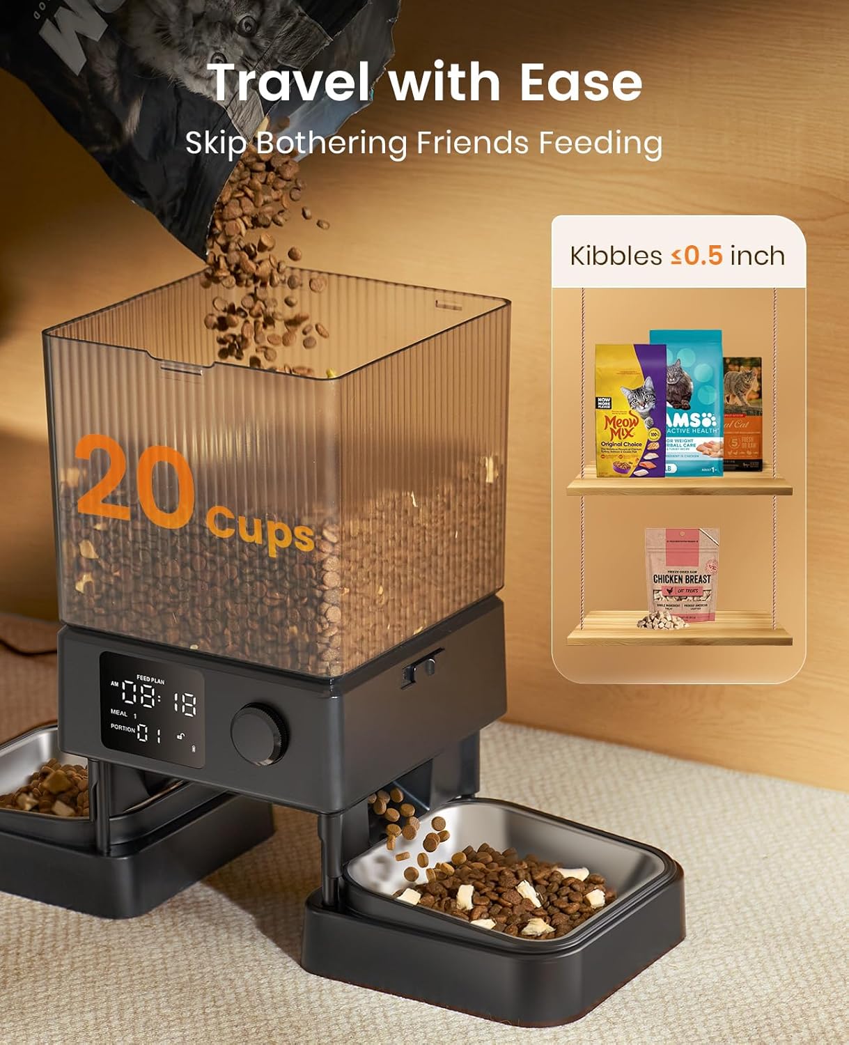 oneisall Katzenfutterautomat mit 2 Edelstahlnaepfen, App & Sprachaufnahme