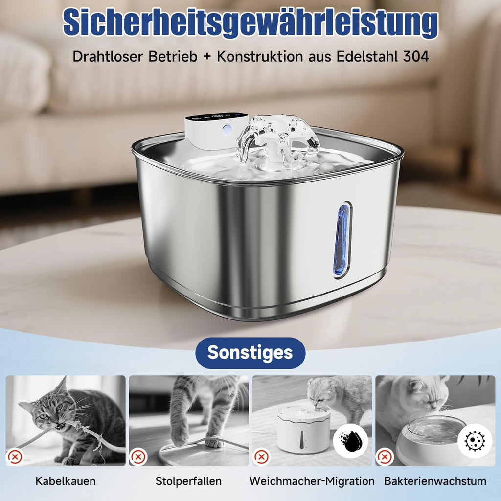 Katzenbrunnen Edelstahl 3,2L kabellos mit 4000mAh Akku und Bewegungssensor