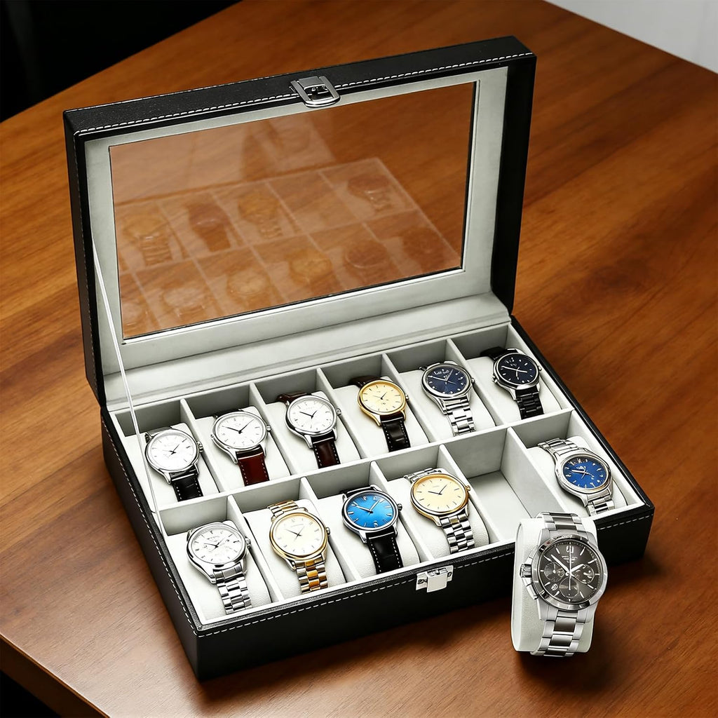 Uhrenbox fuer 12 Uhren mit Glasdeckel, PU-Leder, Samtinnenfutter