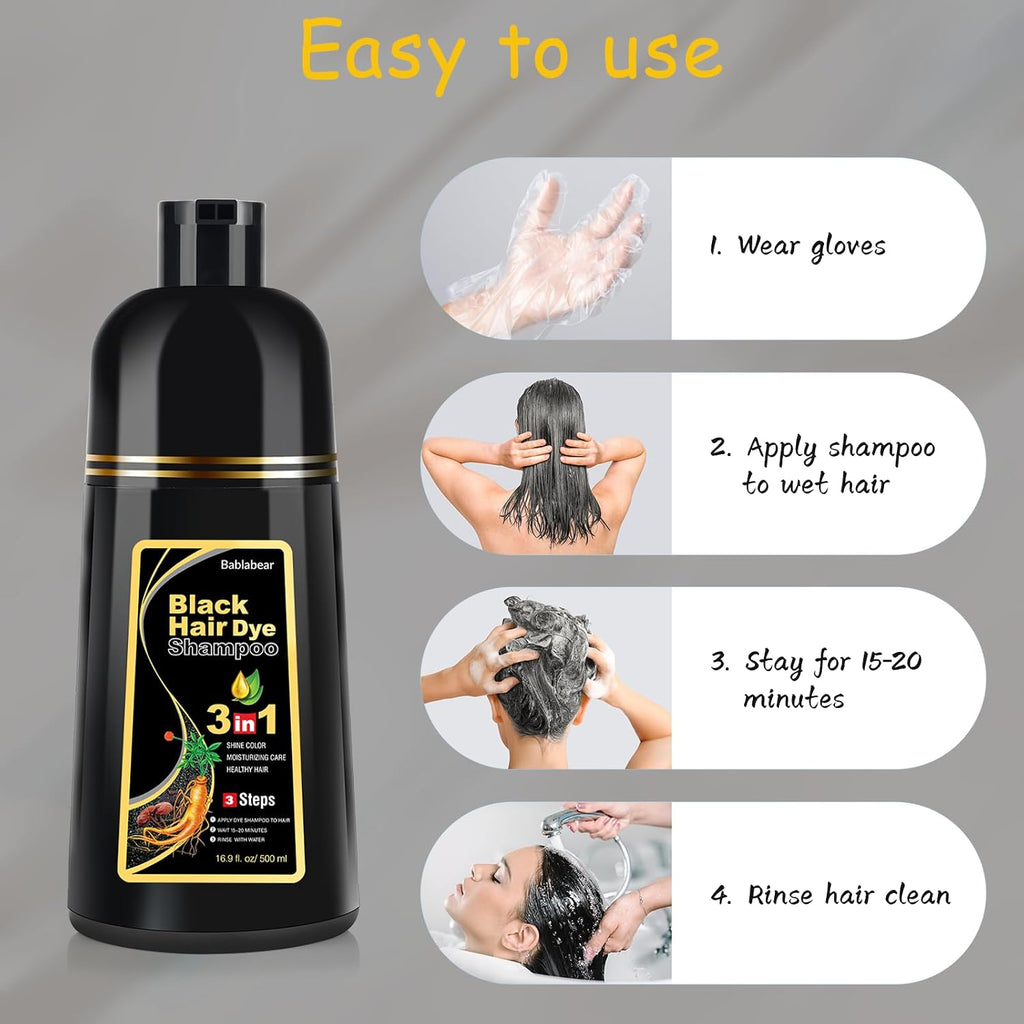 Haarfaerbeshampoo Schwarz 3‑in‑1 fuer Maenner und Frauen graues Haar