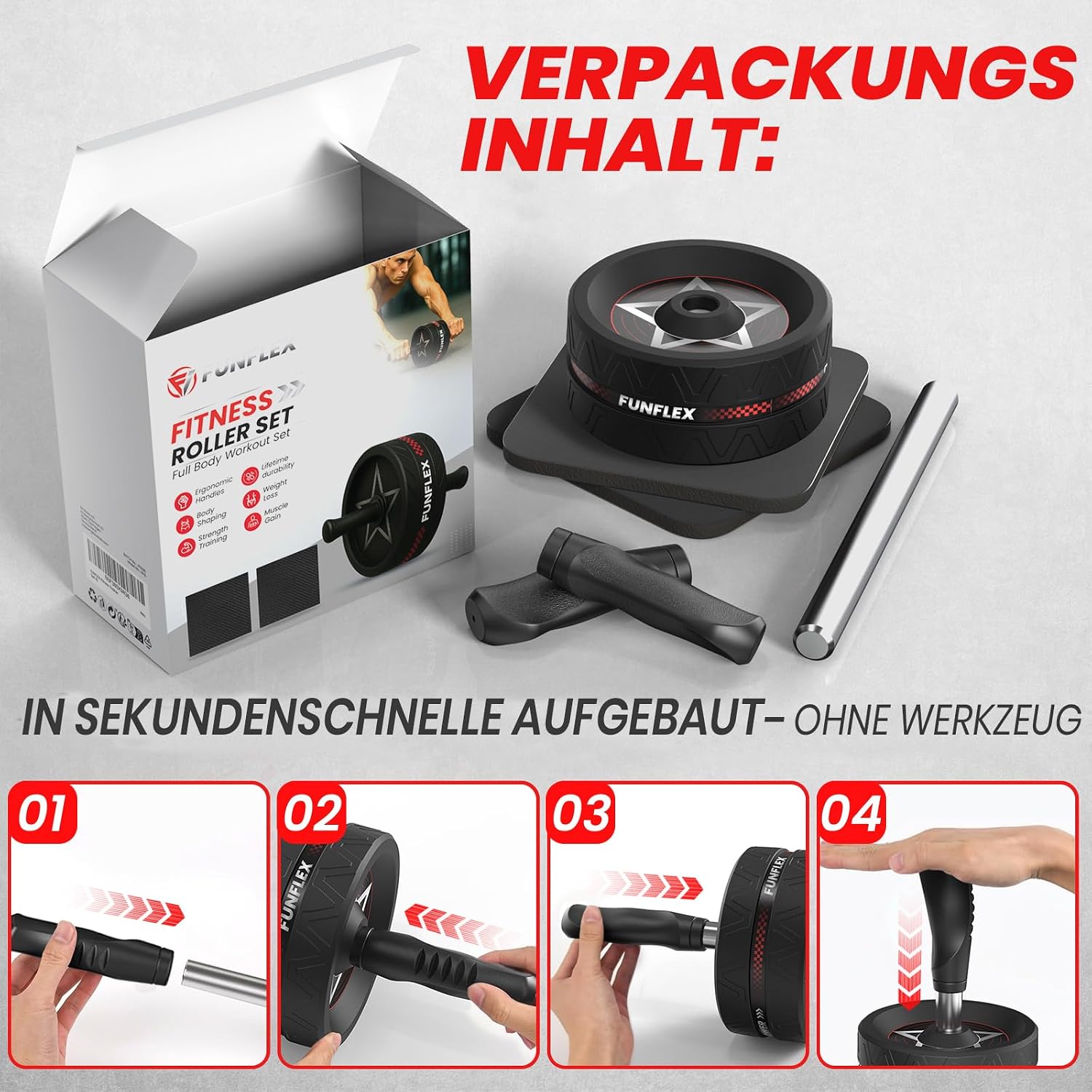 FunFlex Bauchroller Bauchmuskeltrainer Set fuer Zuhause Ganzkoerpertraining