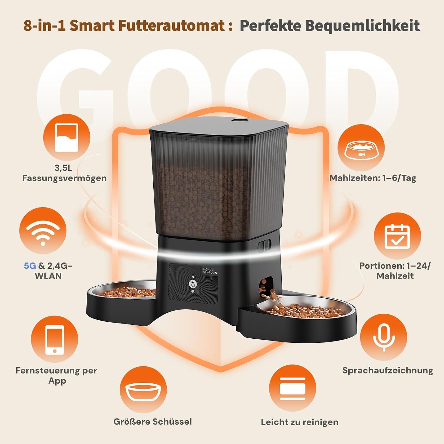 HoneyGuardian Futterautomat Katze mit WLAN App Steuerung und 6 Mahlzeiten