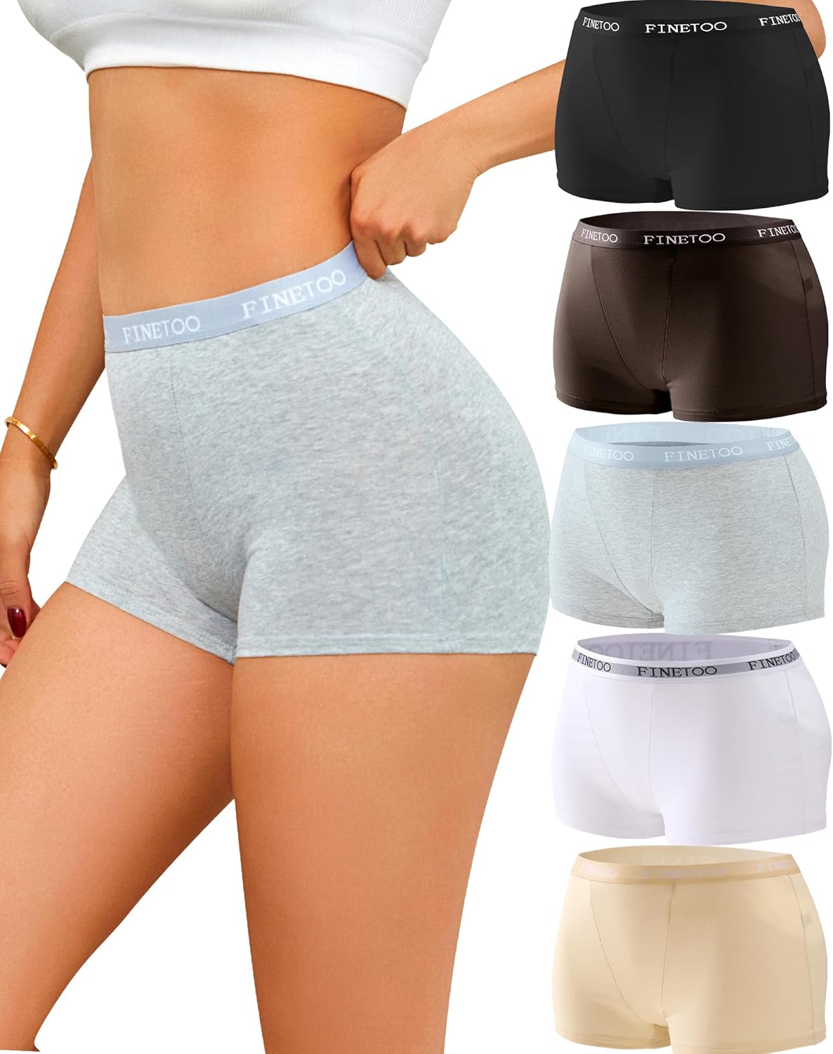 Finetoo Damen Boxershorts 5er Pack Baumwolle Hipster atmungsaktiv S-XXL weiss