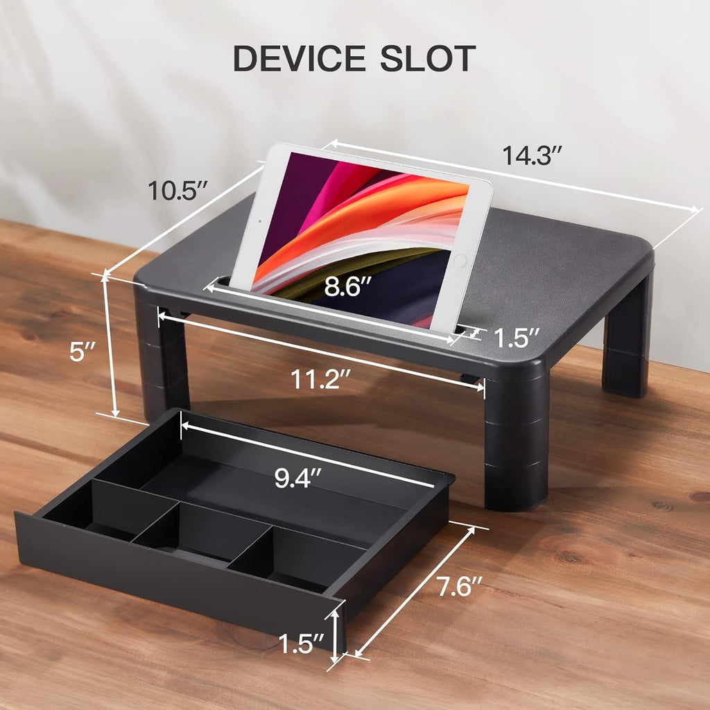 LORYERGO Monitorstaender hoehenverstellbar mit Schublade und Handyhalter PC Organi