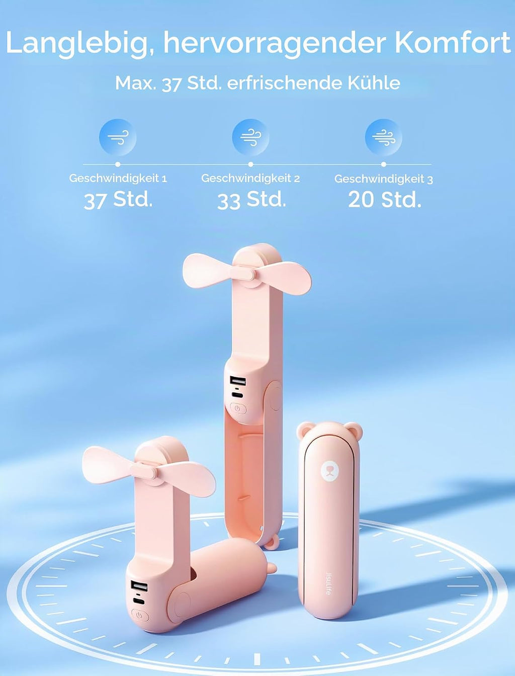 JISULIFE Mini Handventilator 3in1 mit 4500mAh Powerbank USB Akku Taschenlampe We