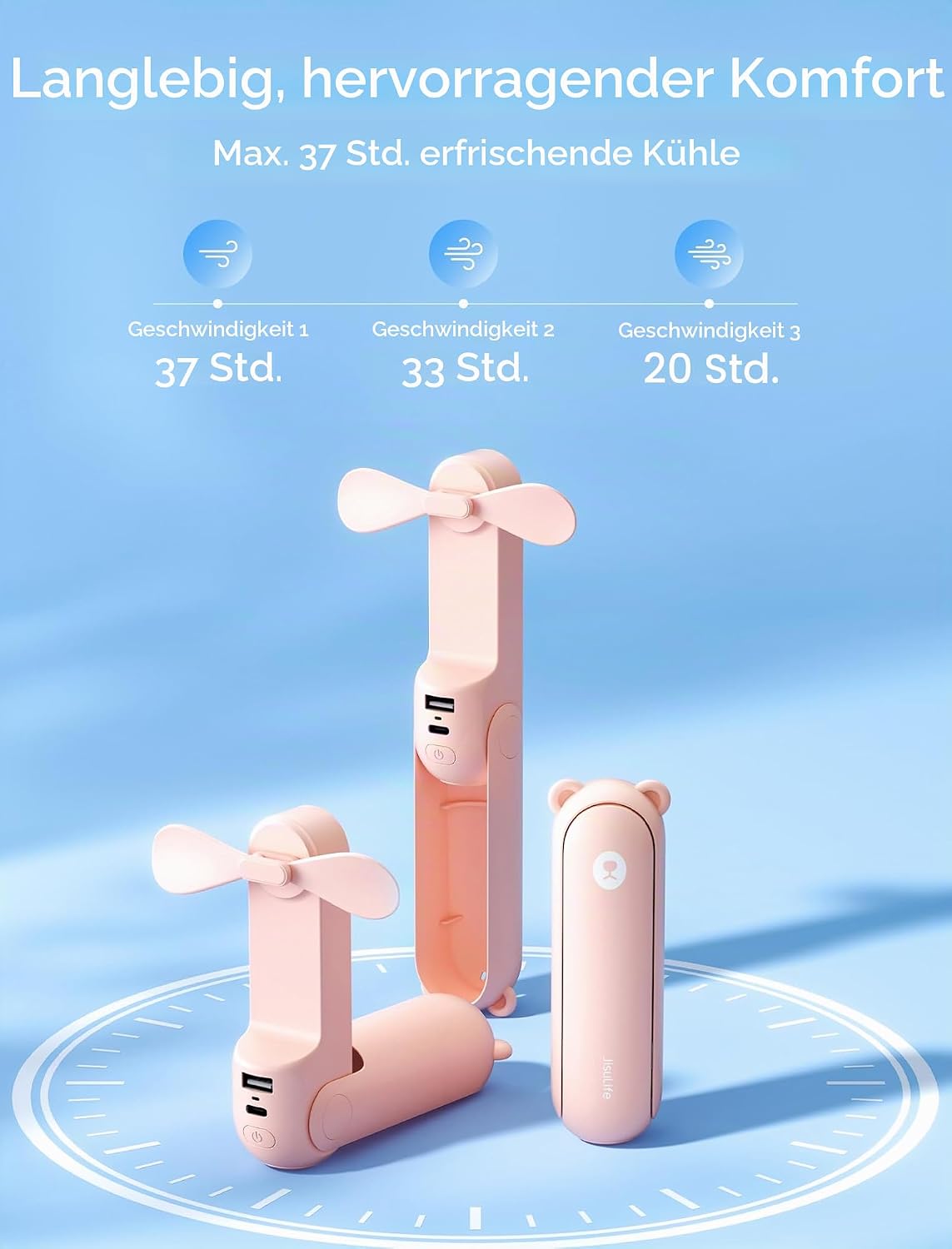 JISULIFE Mini Handventilator 3in1 mit 4500mAh Powerbank USB Akku Taschenlampe We