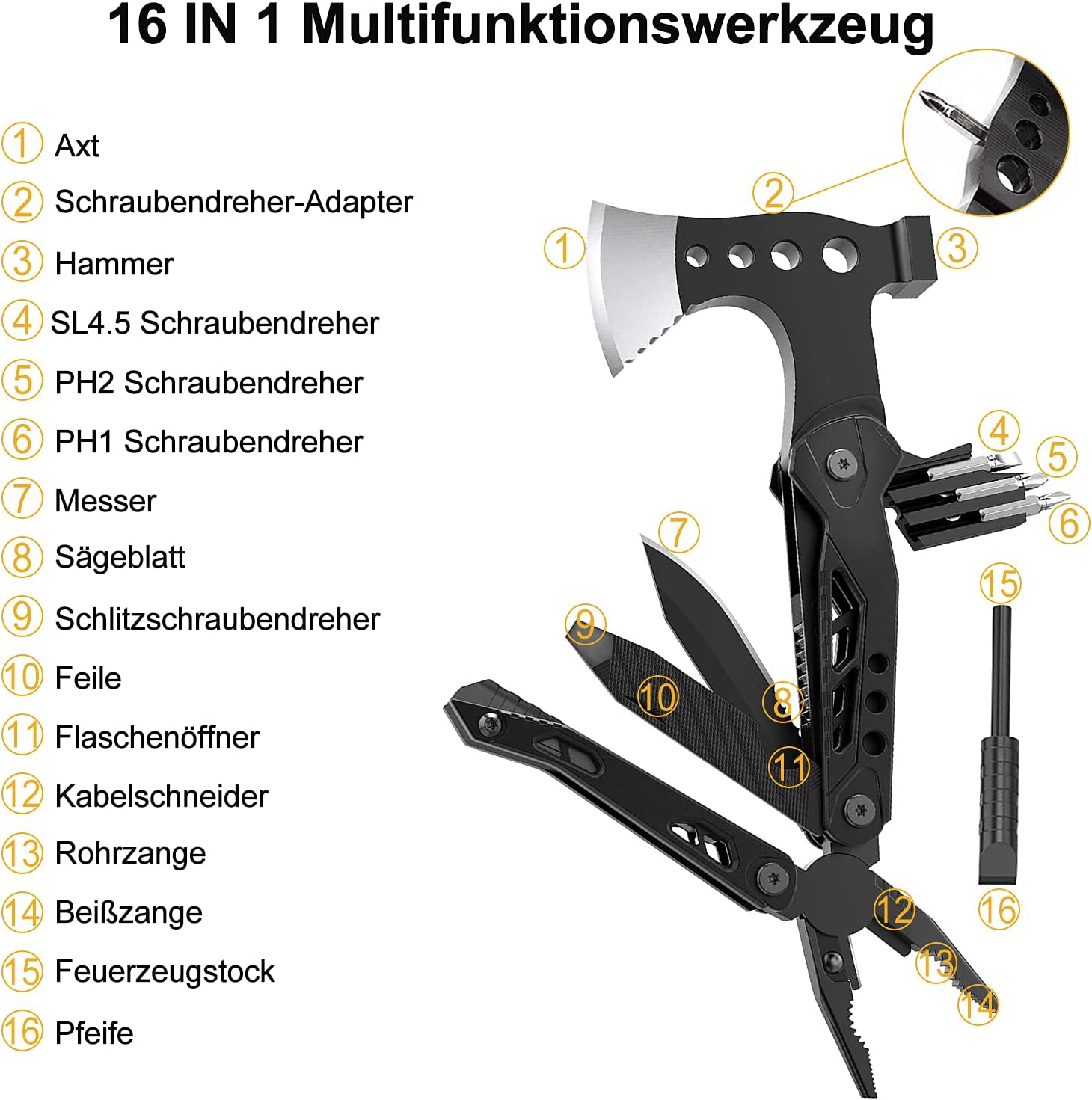 Multitool 16-in-1 Camping Survival Werkzeug Zange Axt Klappmesser Edelstahl schw