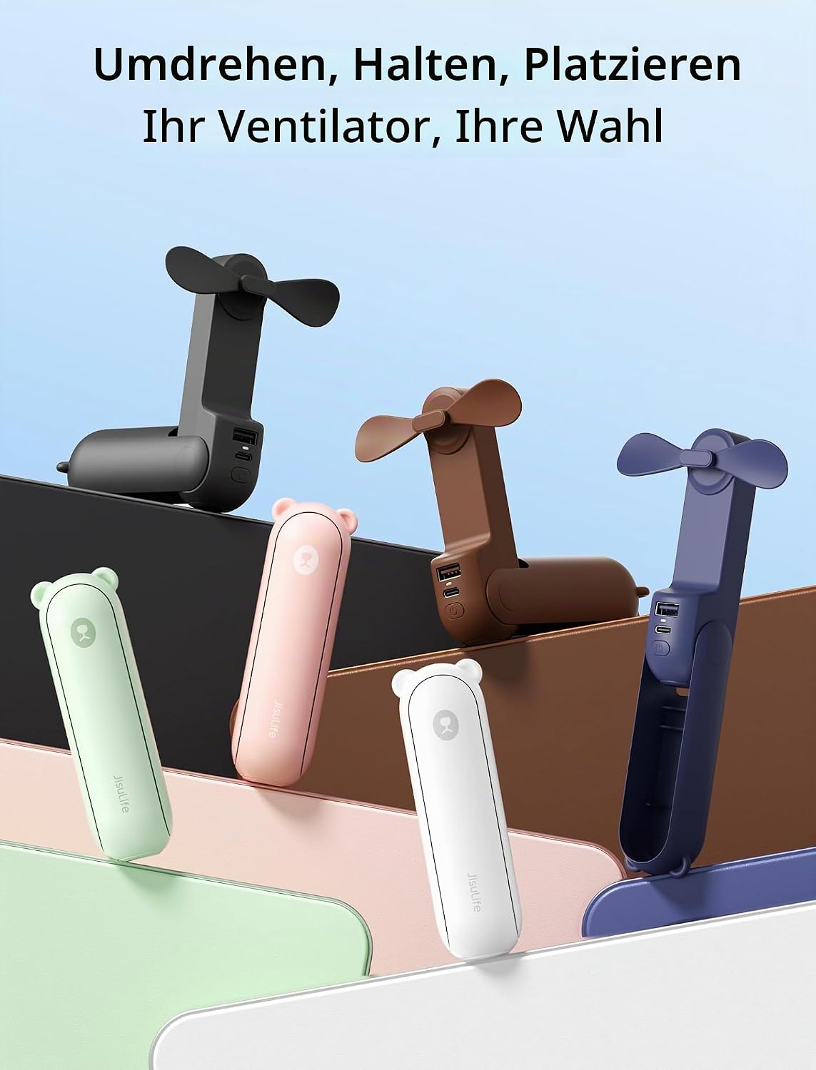 JISULIFE Mini Handventilator wiederaufladbar USB mit Powerbank Taschenlampe Rosa