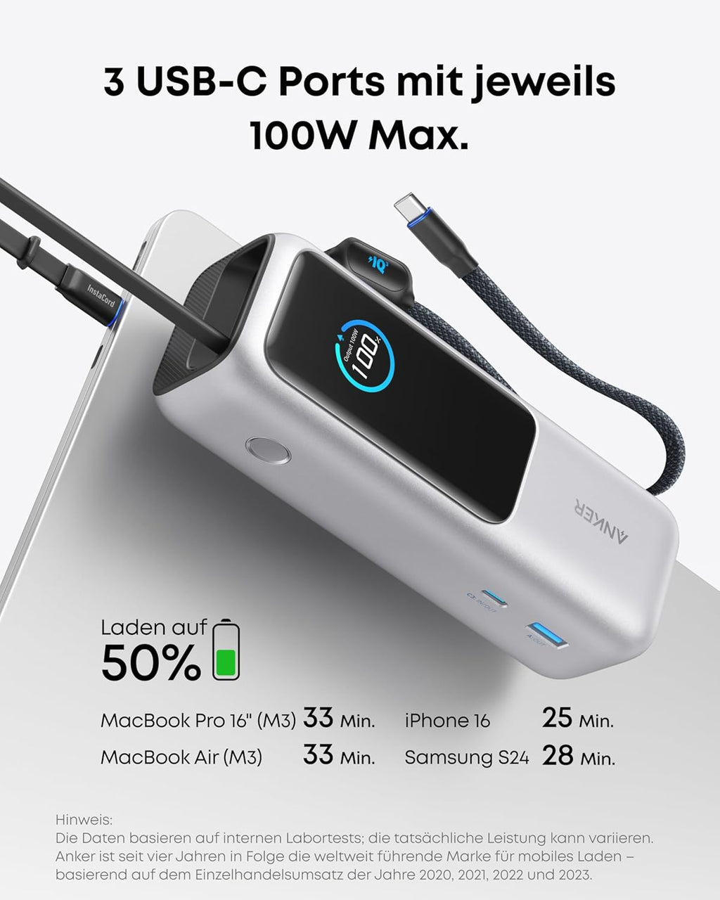 Anker 165W 25000mAh Powerbank mit 3x USB‑C, 70cm Kabel, Trageband