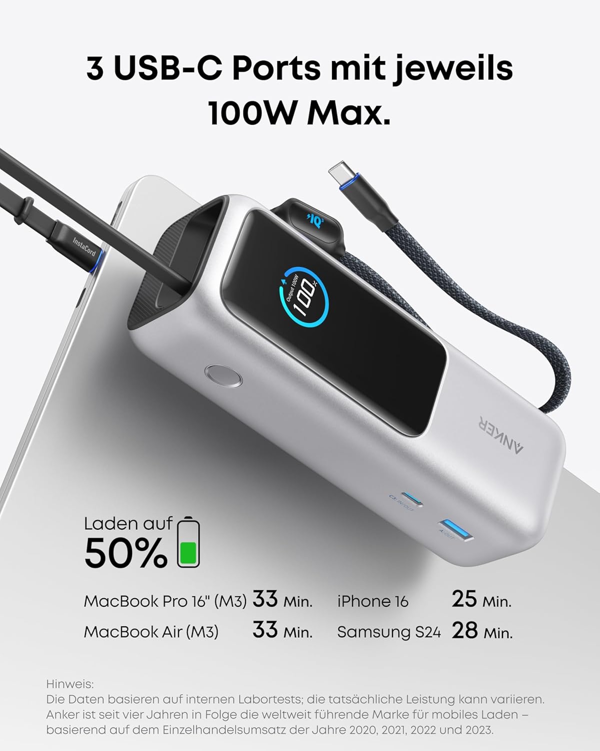 Anker 165W 25000mAh Powerbank mit 3x USB‑C, 70cm Kabel, Trageband