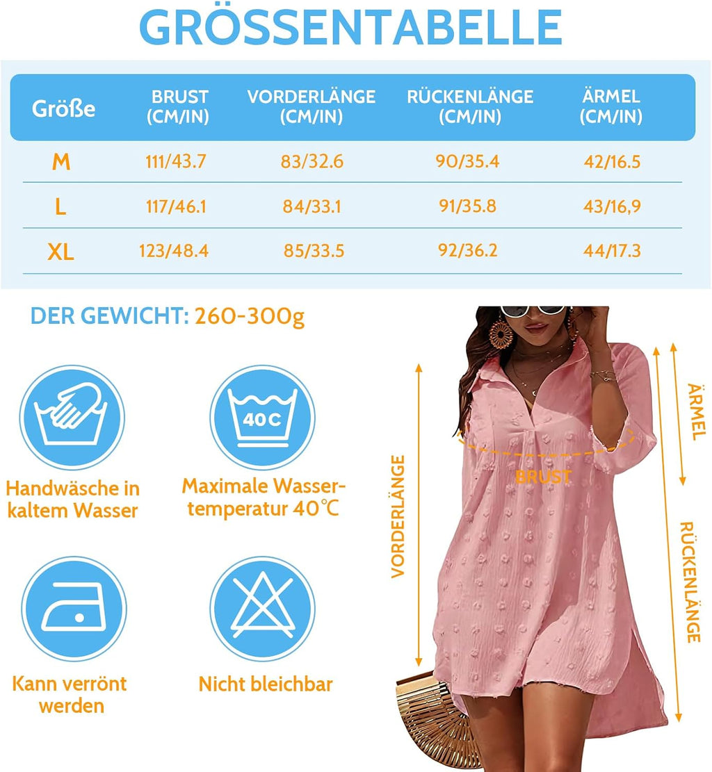 Strandkleid Damen V-Ausschnitt Baumwolle Cover-Up Strandtunika M-XL