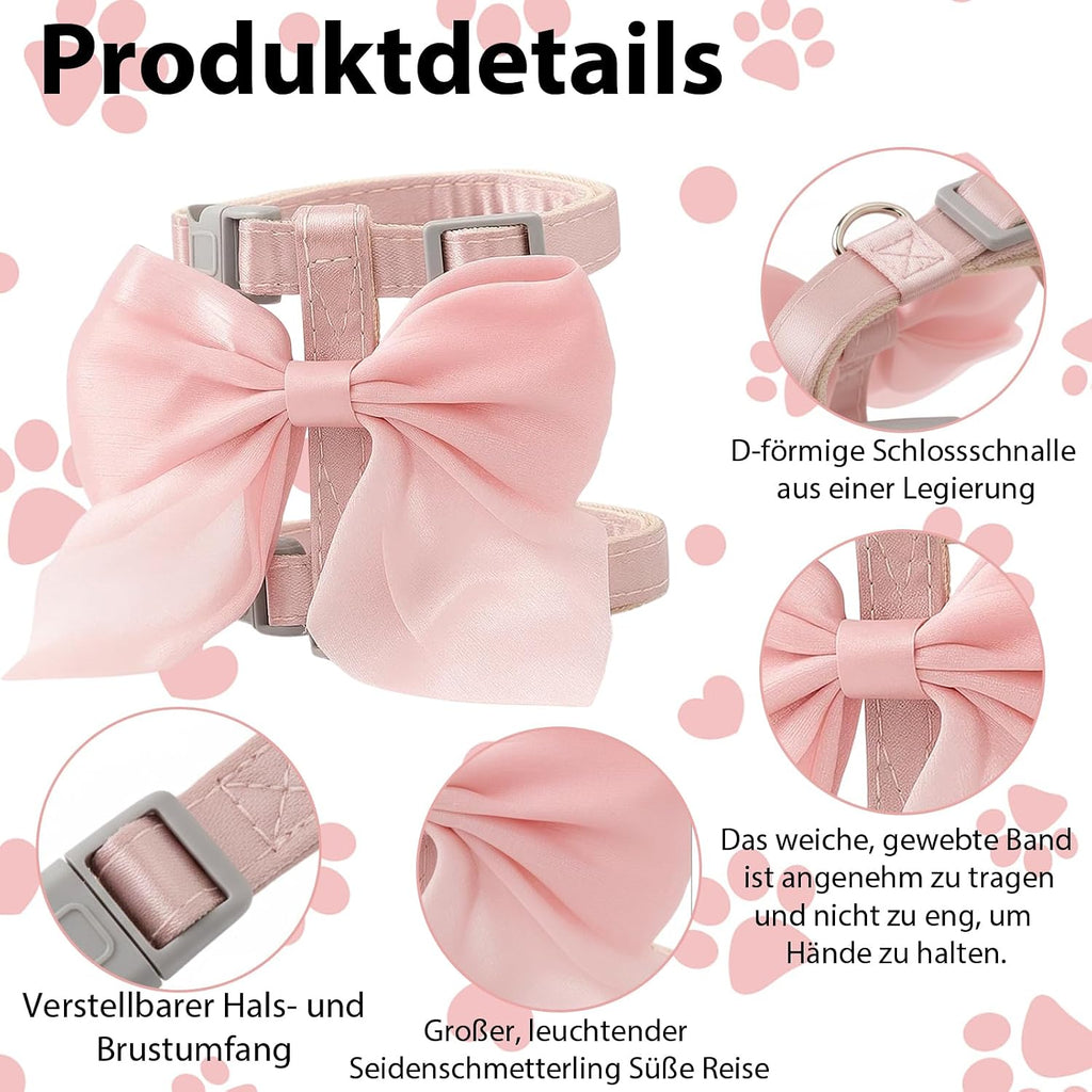 Katzen Geschirr mit Leine Pink Schleife S, verstellbar, atmungsaktiv fuer Kitten