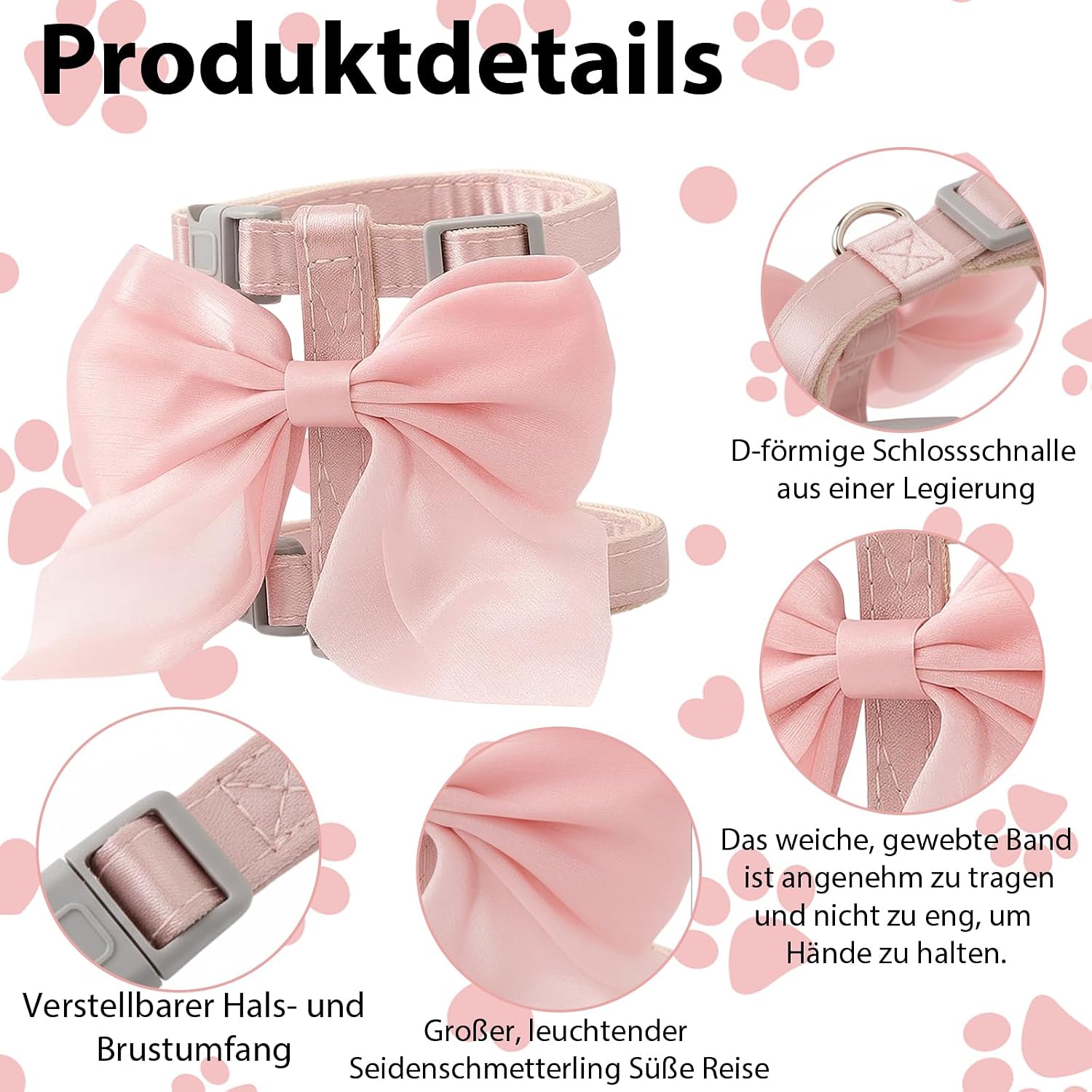 Katzen Geschirr mit Leine Pink Schleife S, verstellbar, atmungsaktiv fuer Kitten