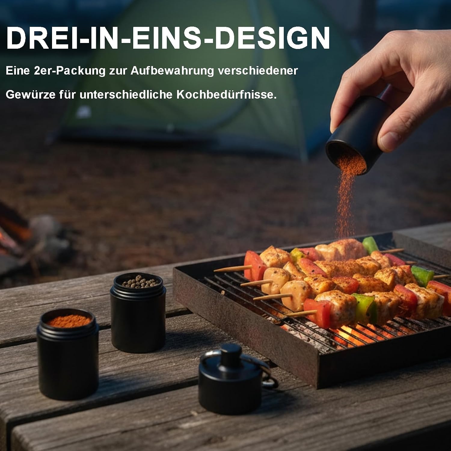2er Set Gewuerzstreuer Aluminium 3-in-1 wasserdicht - Mini Gewuerzglaeser