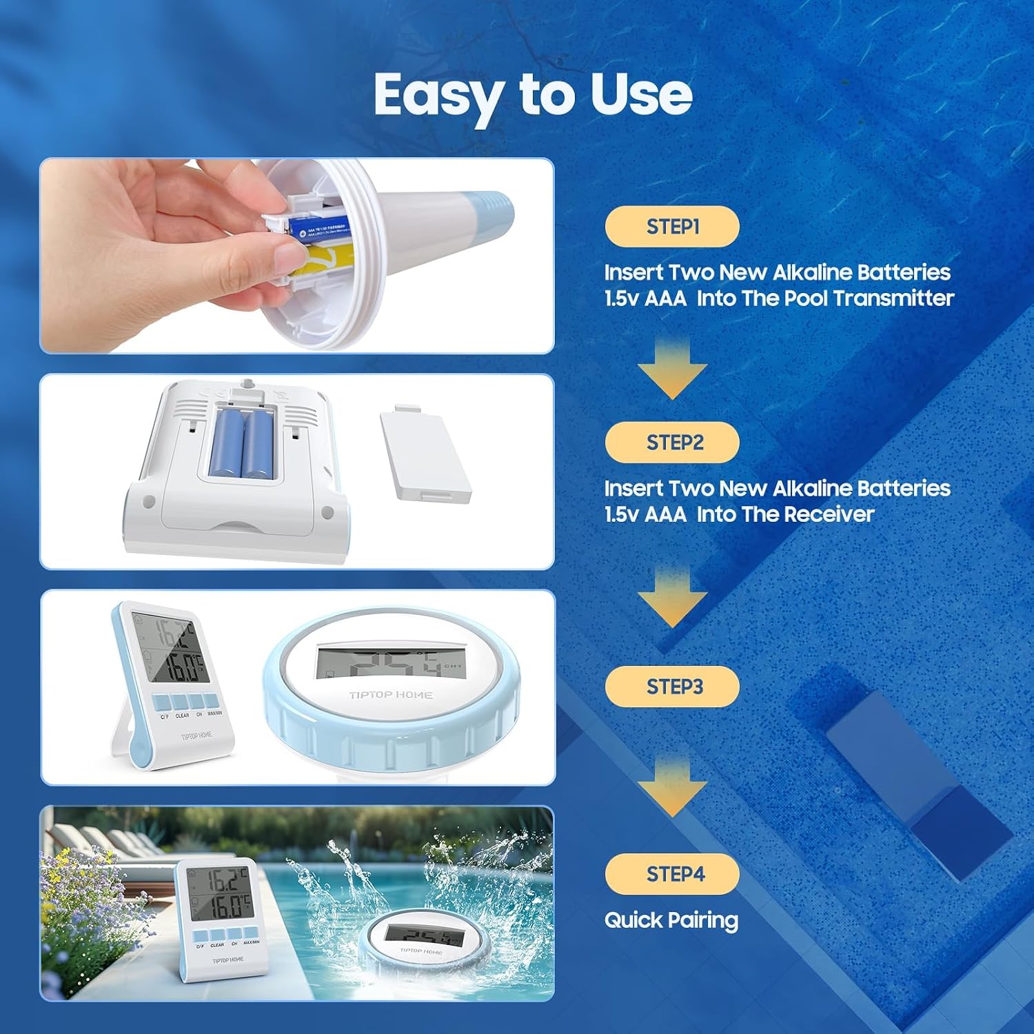 Kabelloses schwimmendes Poolthermometer IP67 blau - Wasser- und Innentemperatur