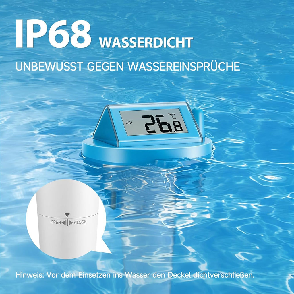 Warmfay Funk Poolthermometer schwimmend, solar/akku, wasserdicht IP68, Empfaenger