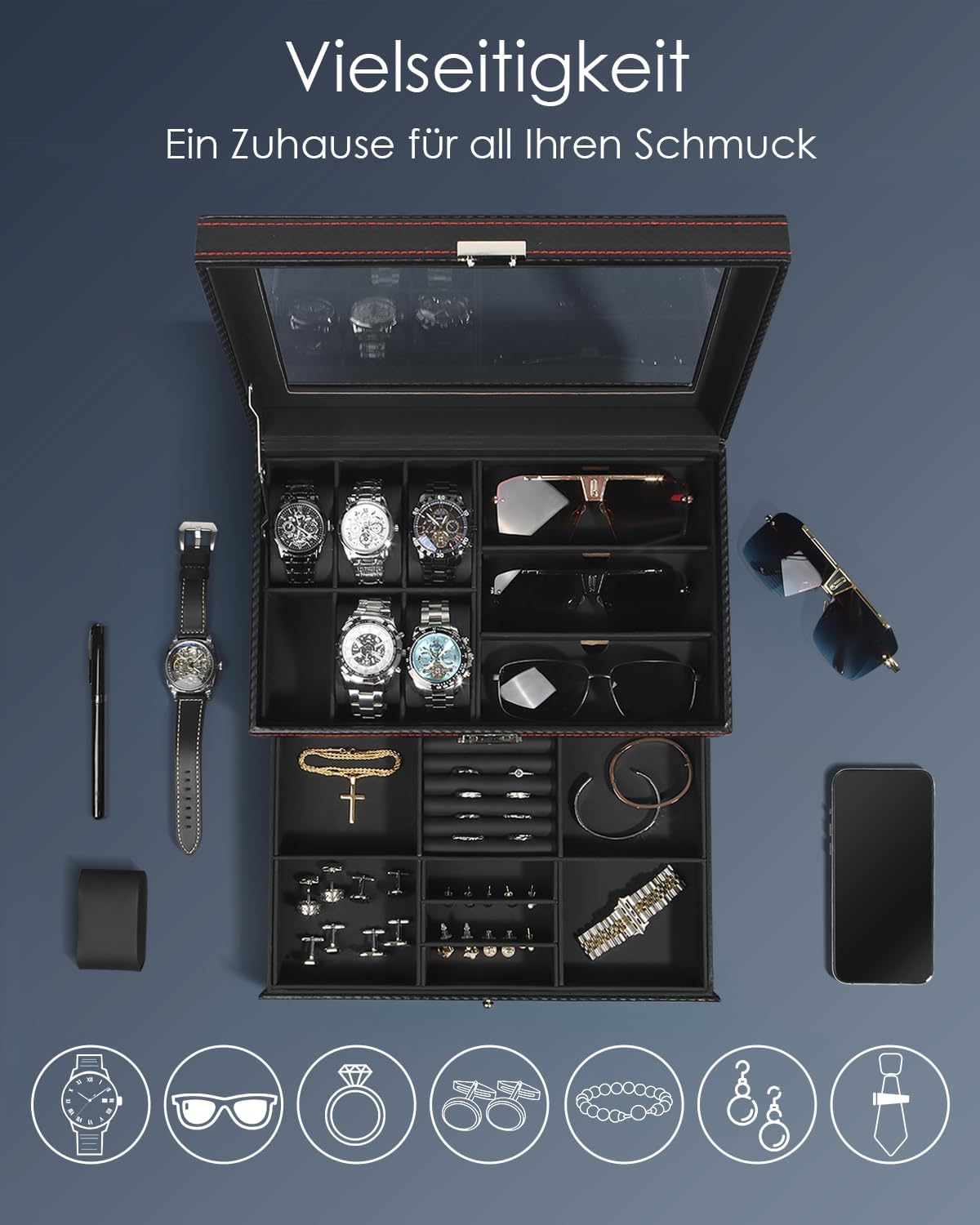 Uhren- und Sonnenbrillenbox mit Glasdeckel 6 Faecher Schmuckkasten Herren