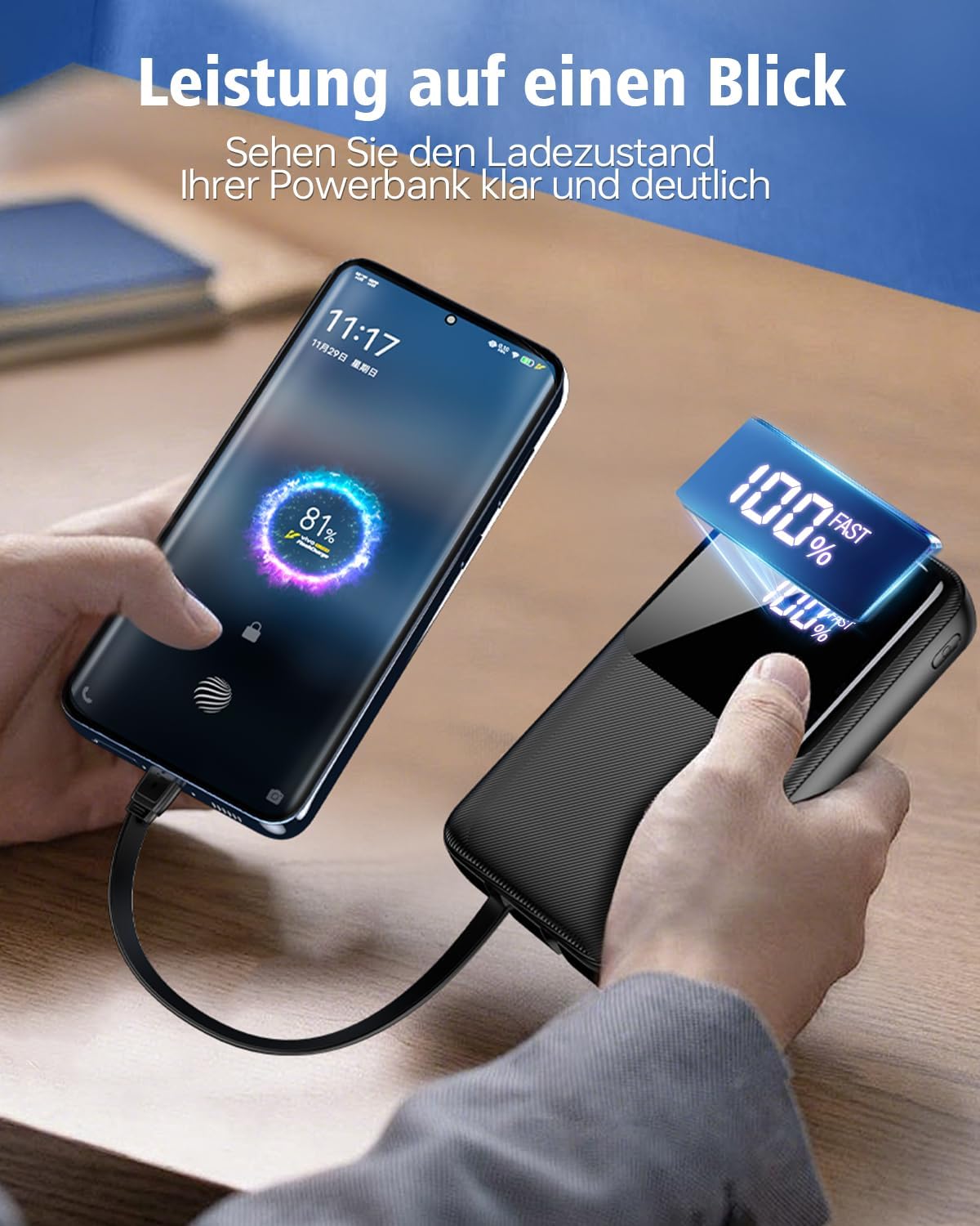 Powerbank 40000 mAh 22,5 W PD USB-C Schnellladung 3 Anschluesse 2 Kabel
