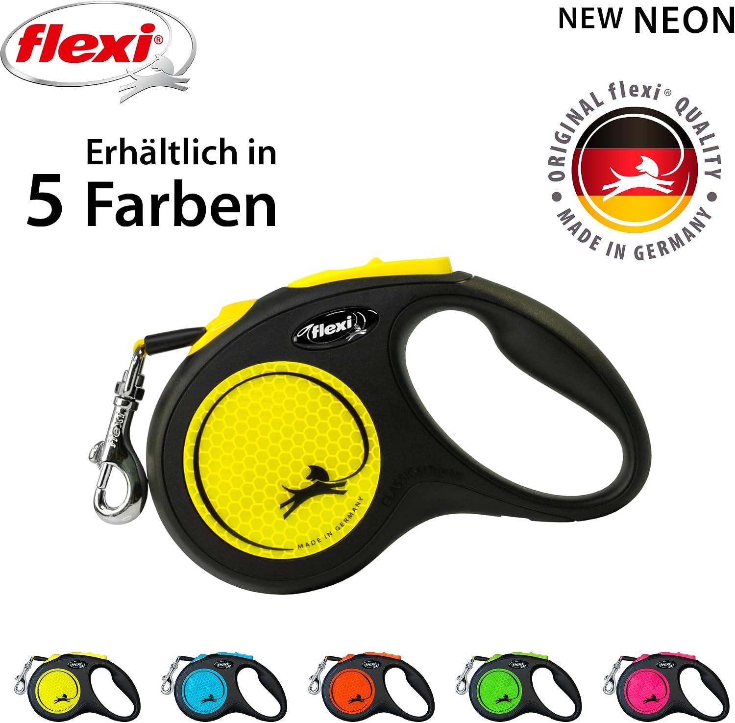 flexi Neon S 5m Roll-Leine schwarz mit neon-gelbem Gurt fuer Hunde bis