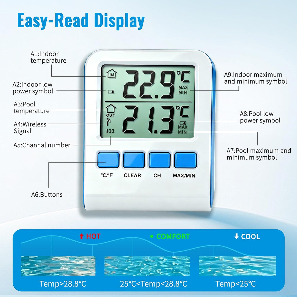 Funk Poolthermometer schwimmend IPX8 wasserdicht 3-Kanal Temperaturanzeige fuer P