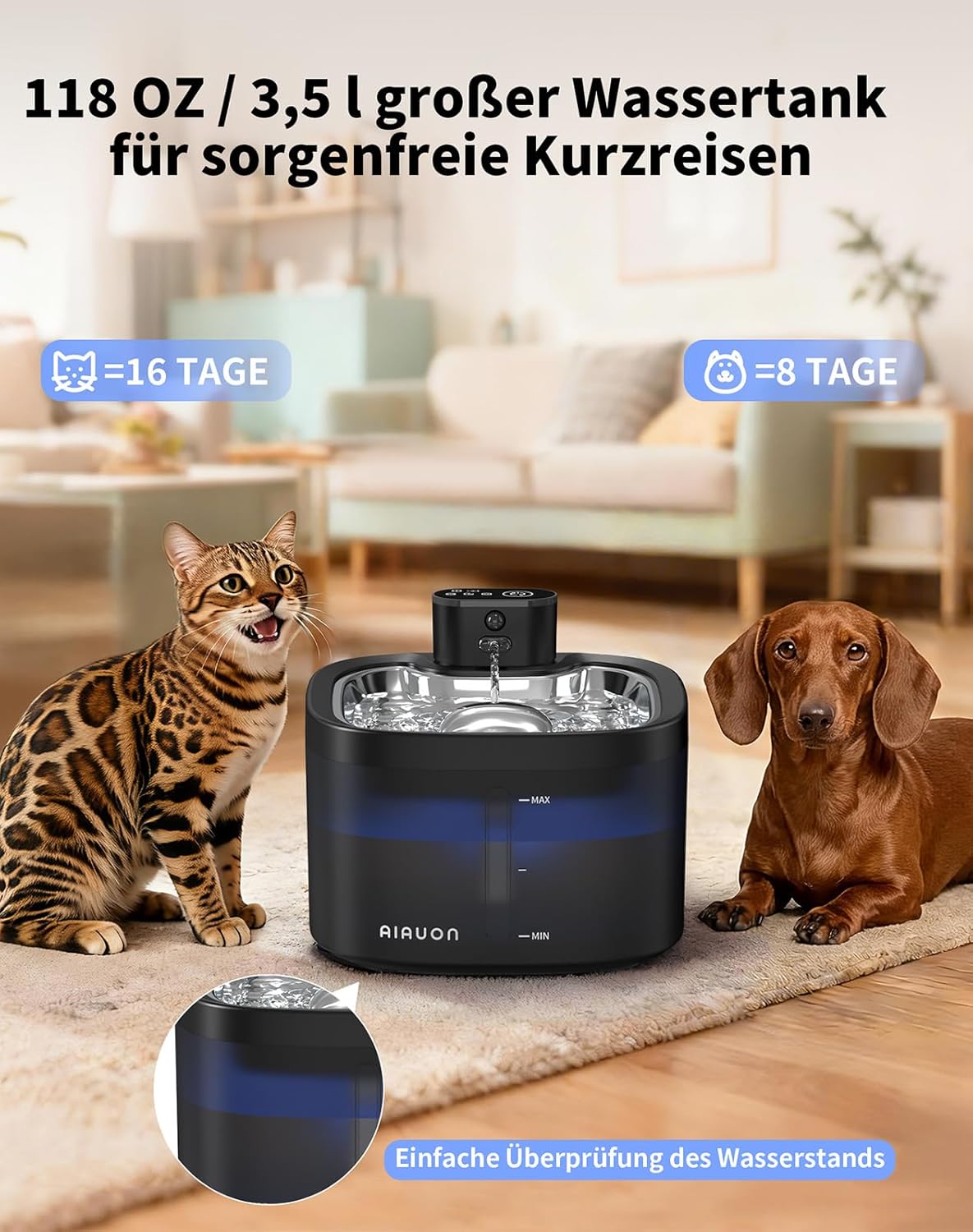 Katzenbrunnen kabellos 118oz/ Drahtlos & Ultra-leise (<25dB) mit Sensor- und