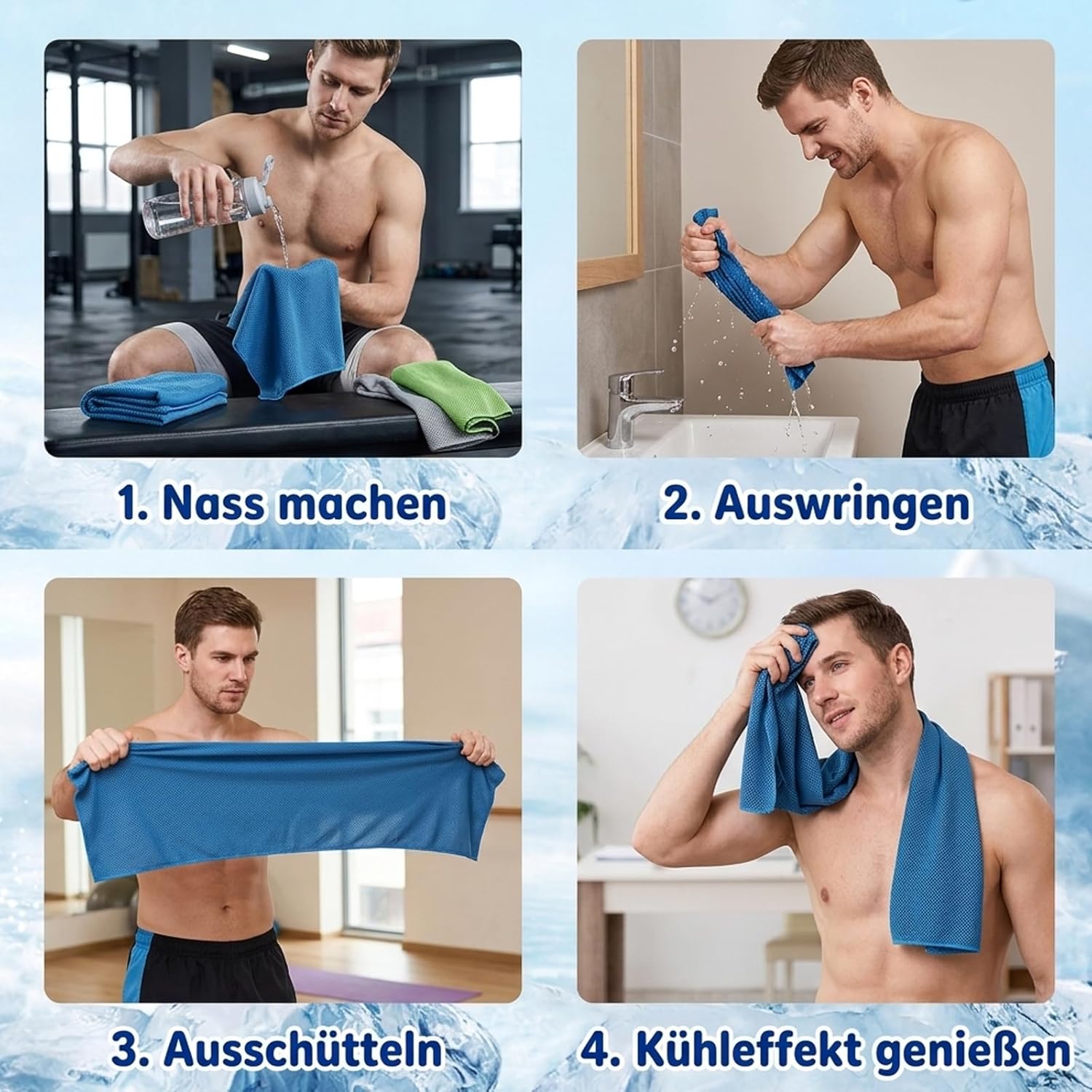 Kuehltuecher 3er Set Cooling Towel Grau Blau Gruen Kuehlhandtuch Sport Handtuch Kuehl