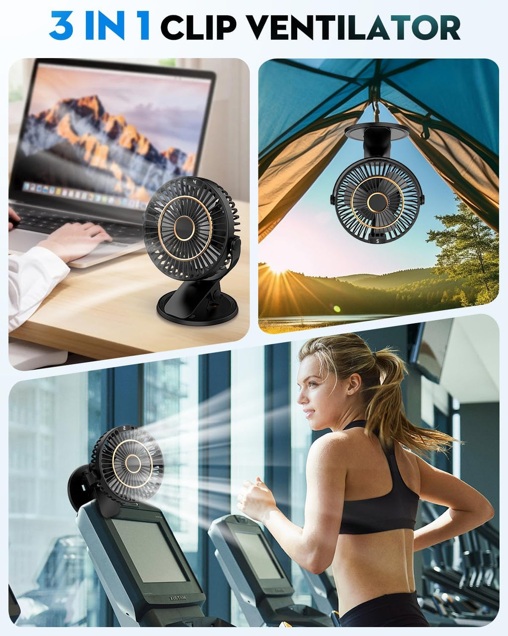 COZII 16cm USB Clip Tischventilator leise 5 Stufen 720° drehbar mit LED