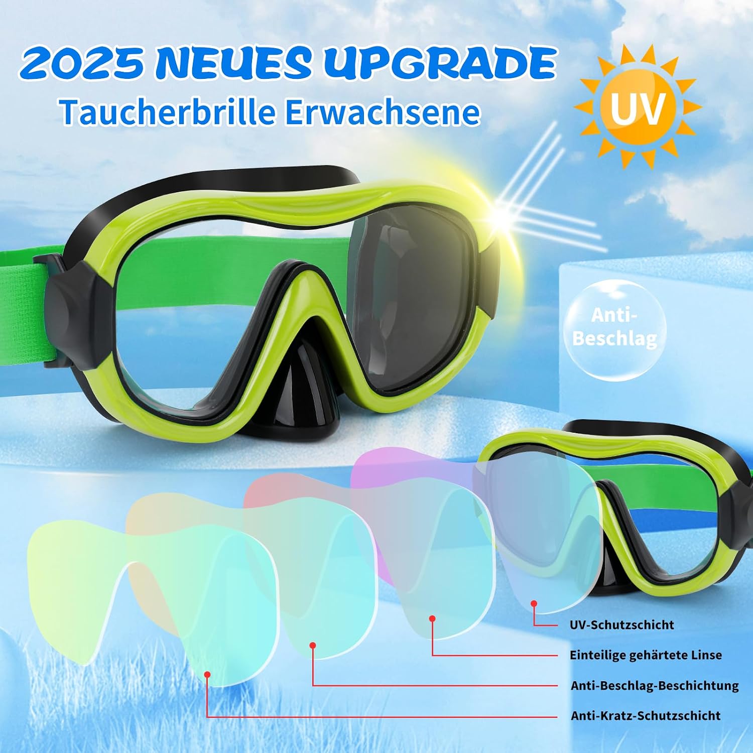Tauchmaske Erwachsene 180° Weitwinkel gehaertetes Glas Antibeschlag