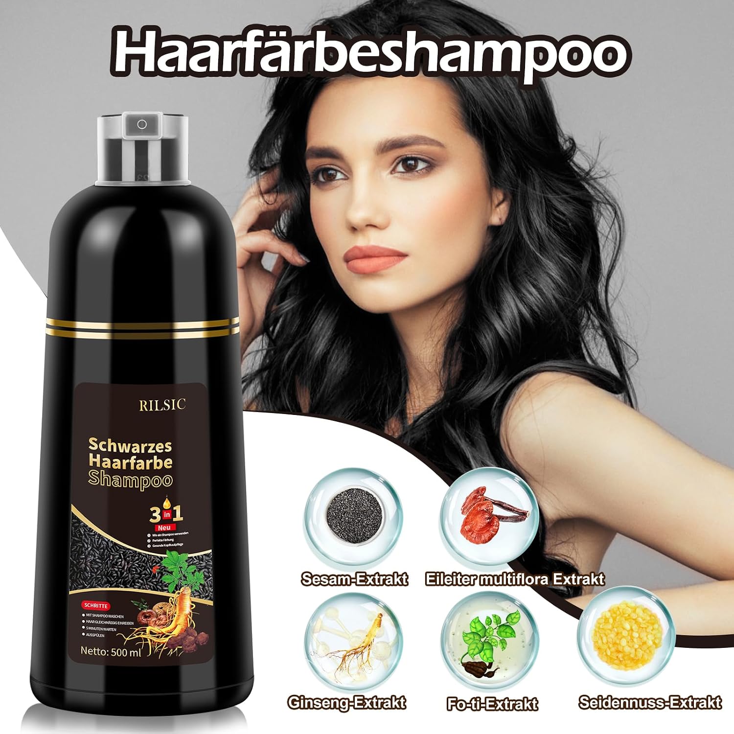 Haarfaerbeshampoo Braun 3-in-1 gegen graue Haare fuer Maenner Frauen