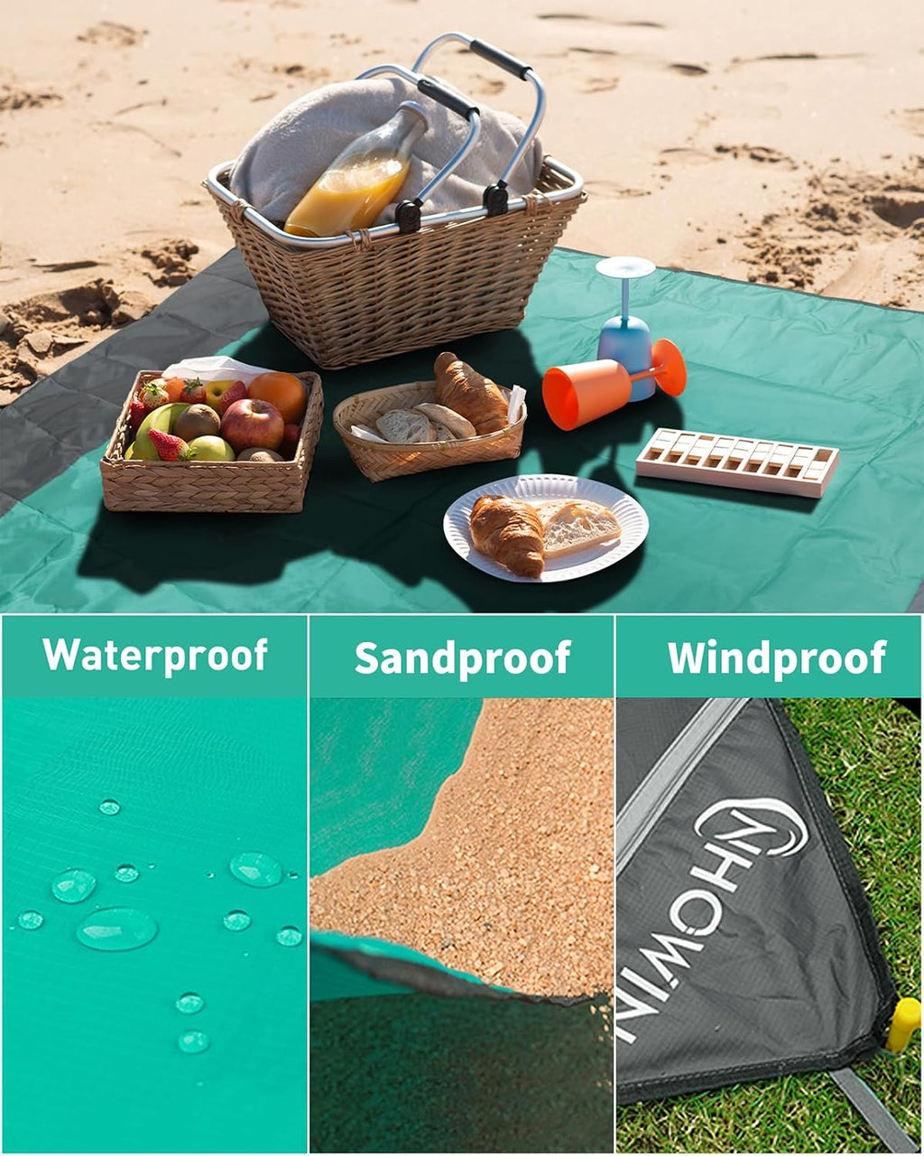 Sandfreie Stranddecke 210×200 cm wasserdicht ultraleicht mit 3 Reissverschlusstas