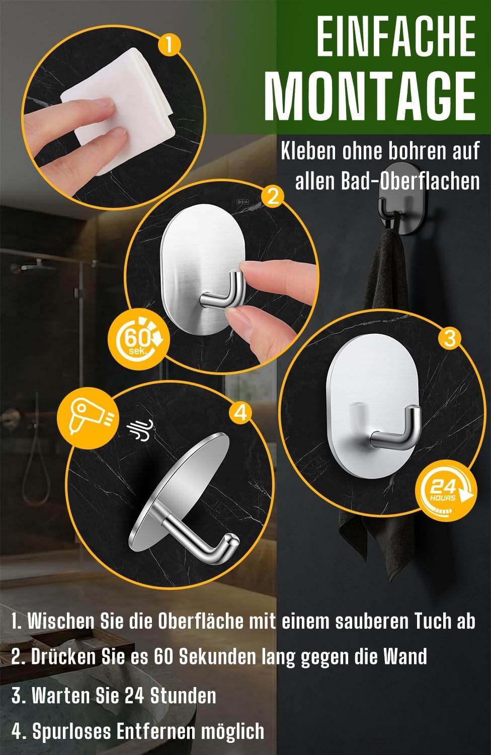 Handtuchhaken 6er Set Edelstahl schwarz selbstklebend fuer Bad Kueche