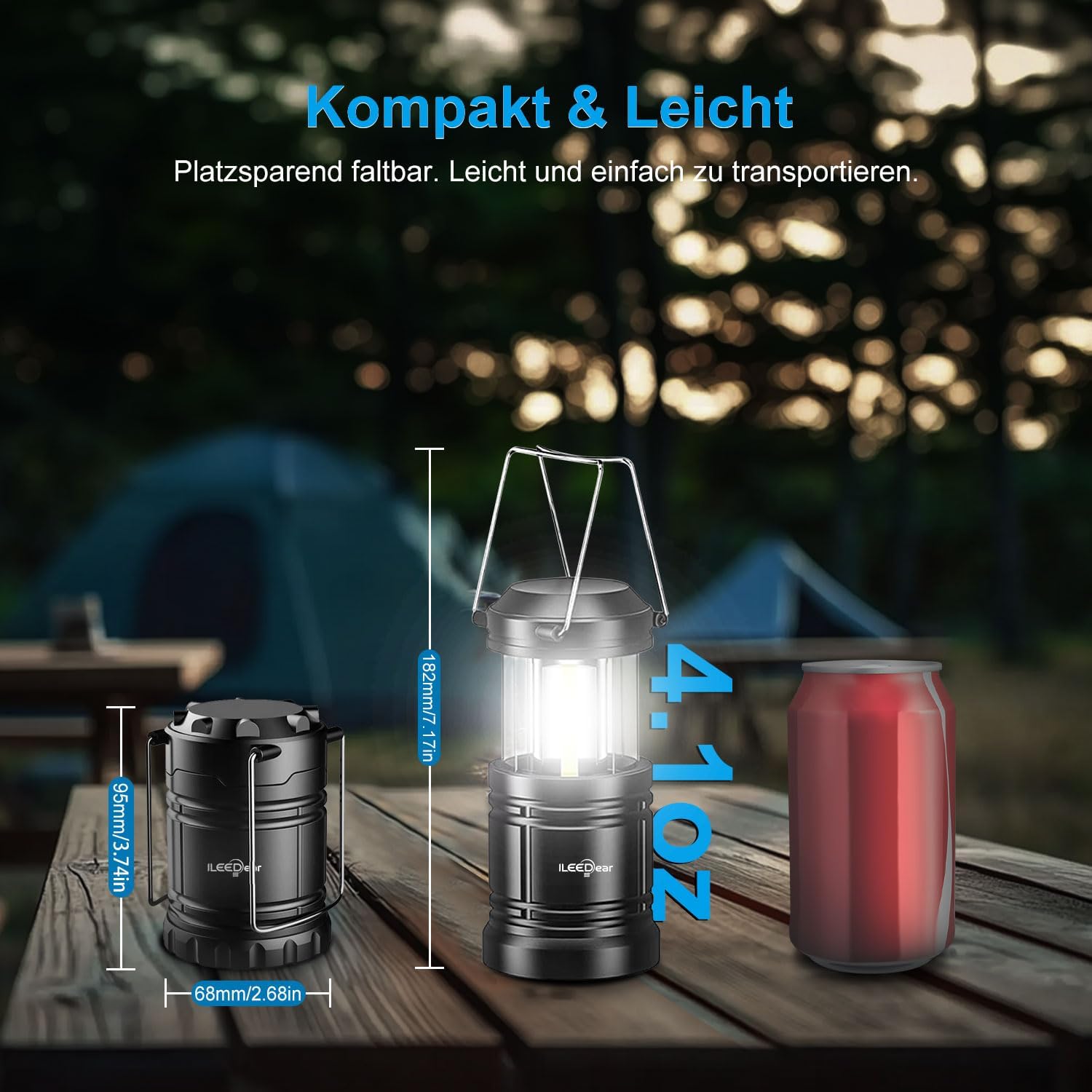 Camping-Laterne batteriebetrieben 2er Set, faltbar, ultrahell, tragbar, Haengelam