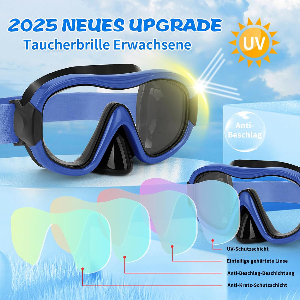 Taucherbrille Erwachsene 180° Weitwinkel Antibeschlag HD Glas Stoffband