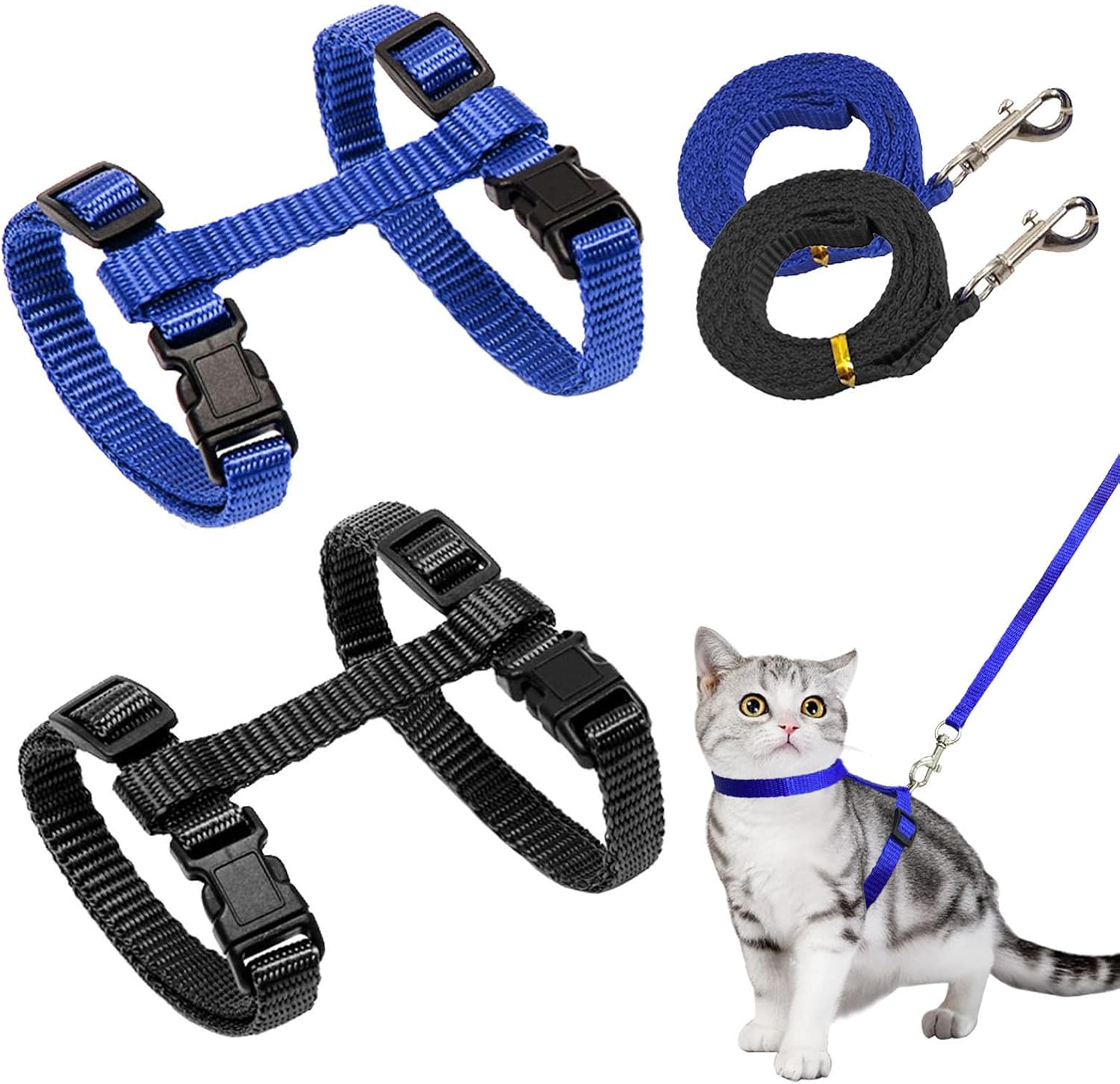 2er Set Katzengeschirr Nylon verstellbar mit Leine Blau Rosa Kaetzchen