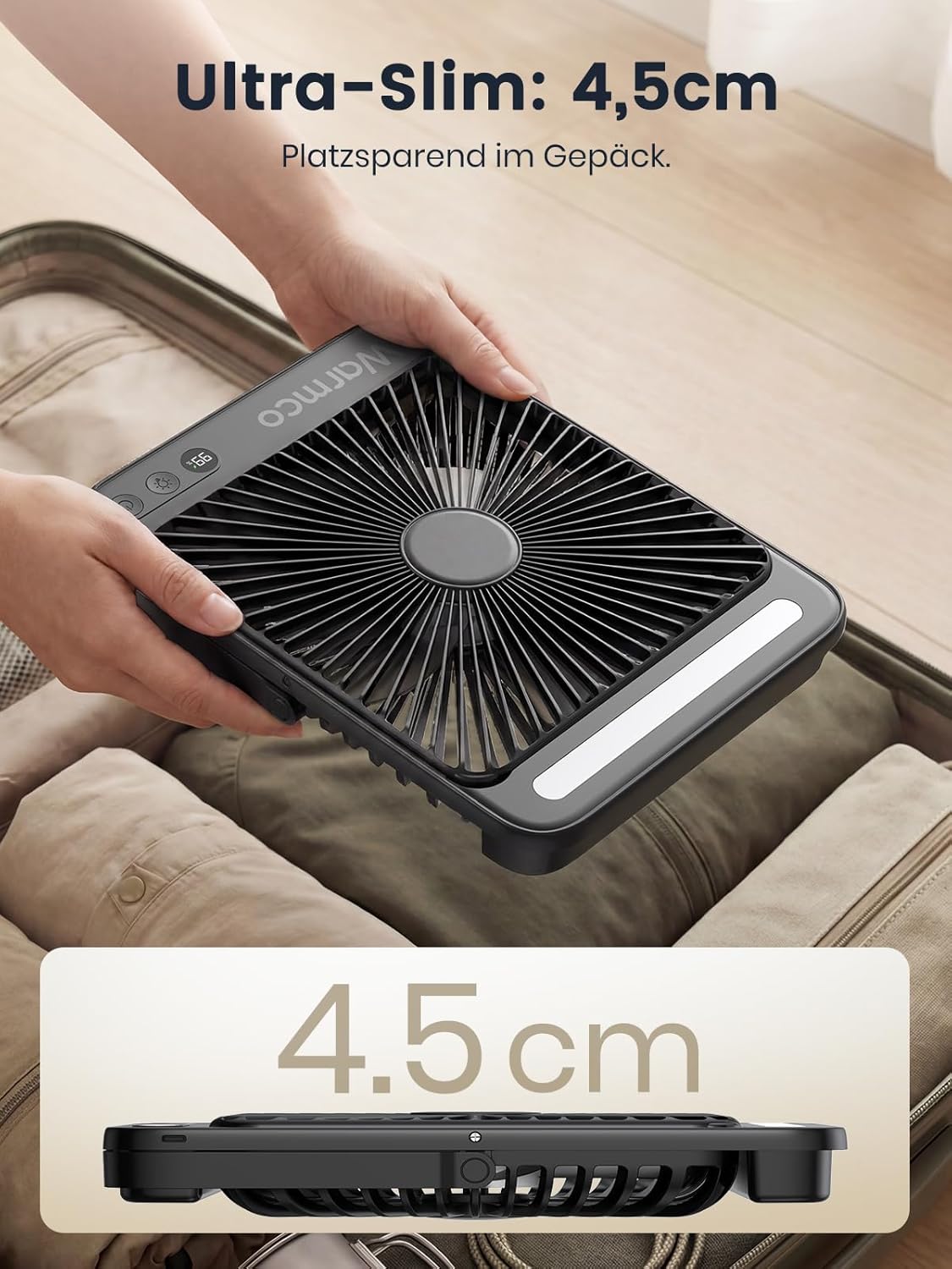 Warmco Akku-Ventilator 20000 mAh 27 cm mit Lampe, Display, Haken, USB