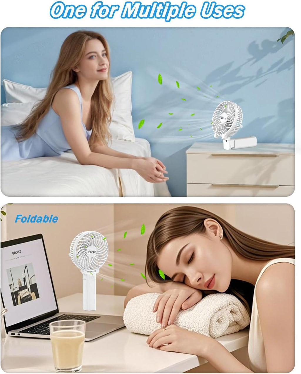 iEGrow tragbarer USB Handventilator wiederaufladbar 3 Geschwindigkeiten Schwarz
