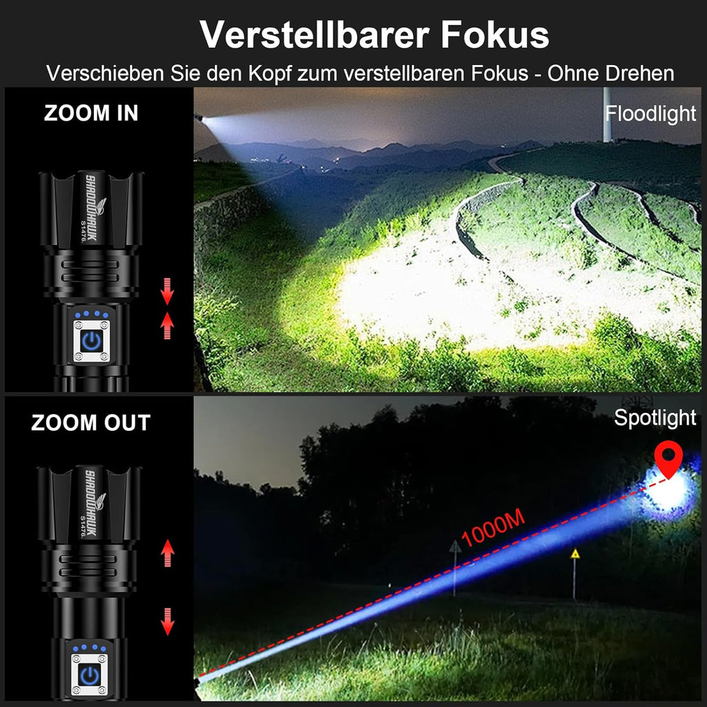 Shadowhawk Taschenlampe LED XHP70.2 500000 Lumen USB Aufladbar IP67 5 Modi