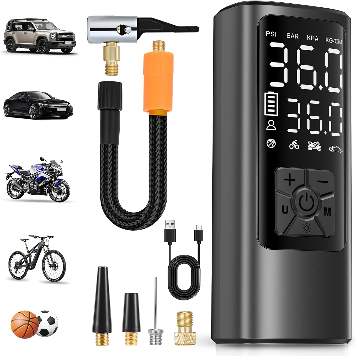 HOVVIDA Akku-Kompressor 10,3 Bar Digitales Reifendruckgeraet fuer Auto Fahrrad E-B