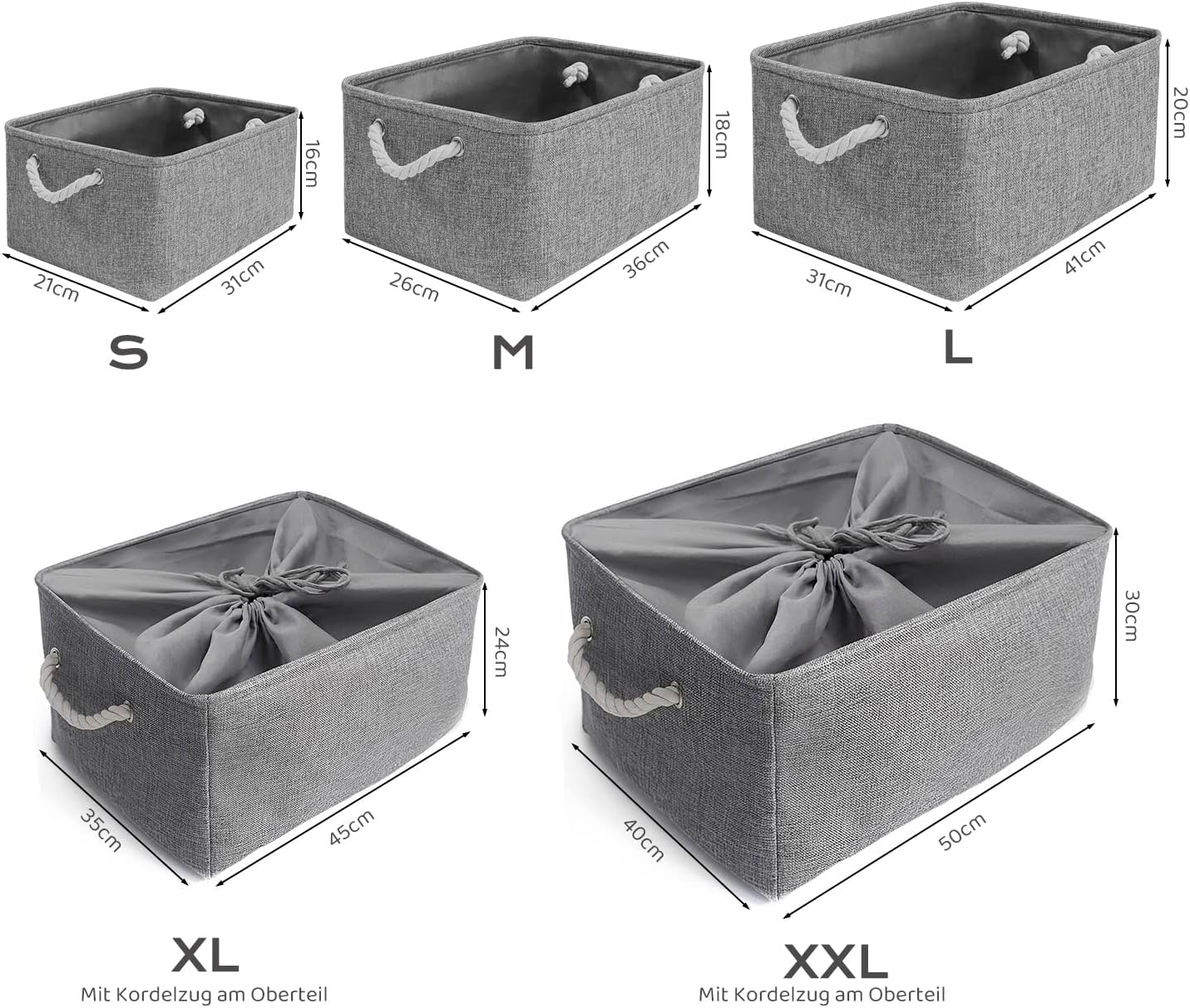 Aufbewahrungsbox Leinen mit Seilgriffen, waschbar, Grau, S-XXL