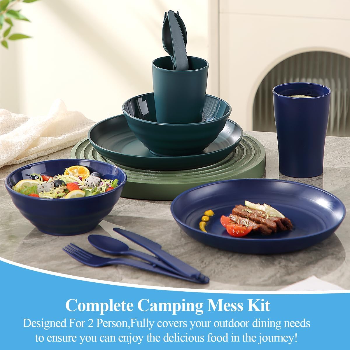Camping Geschirr-Set fuer 2 Personen, Teller Schuessel Becher Besteck, stapelbar