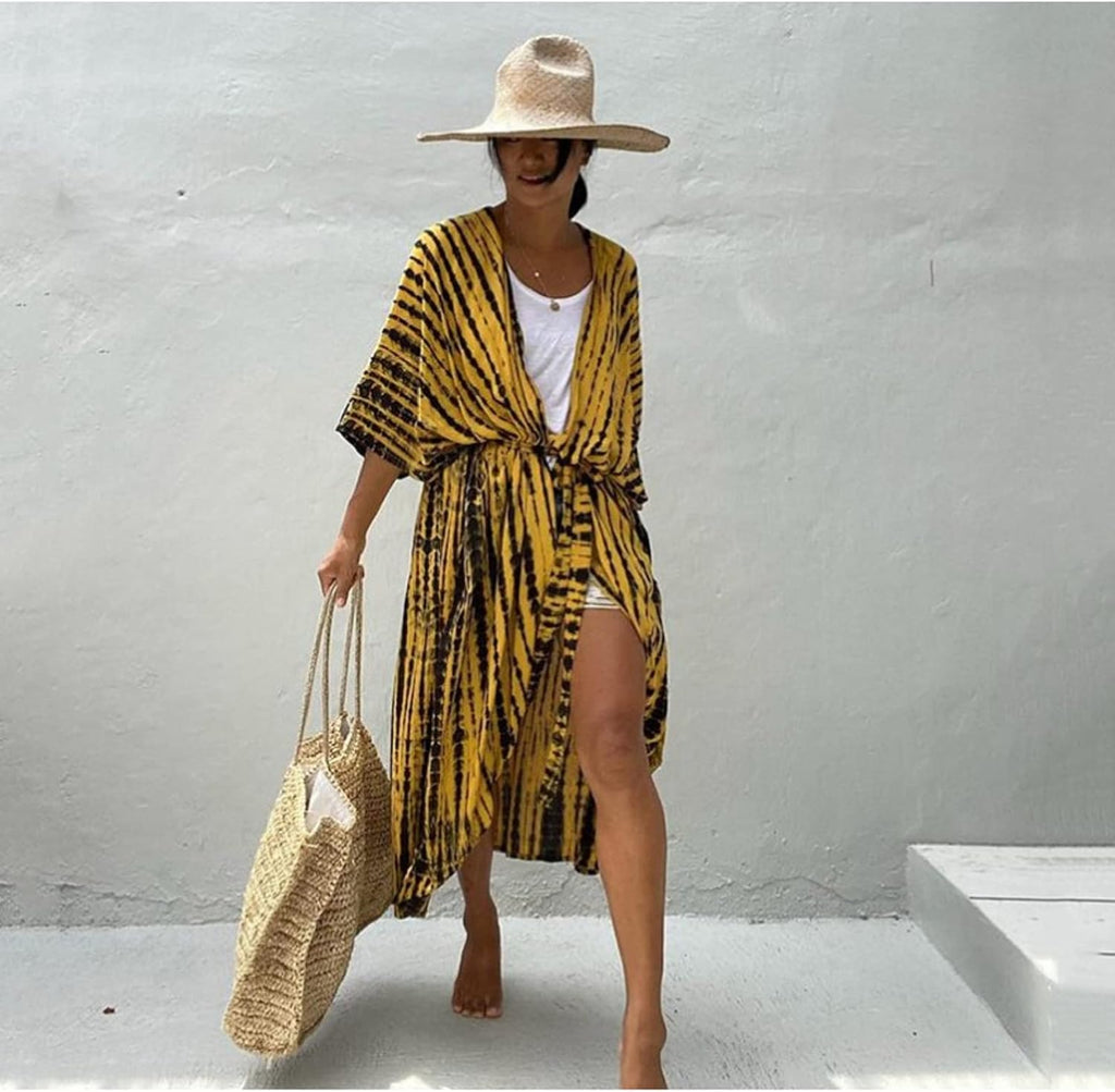 Long Beach Damen Maxi Strandkleid Kimono Cardigan offen Boho Blumen