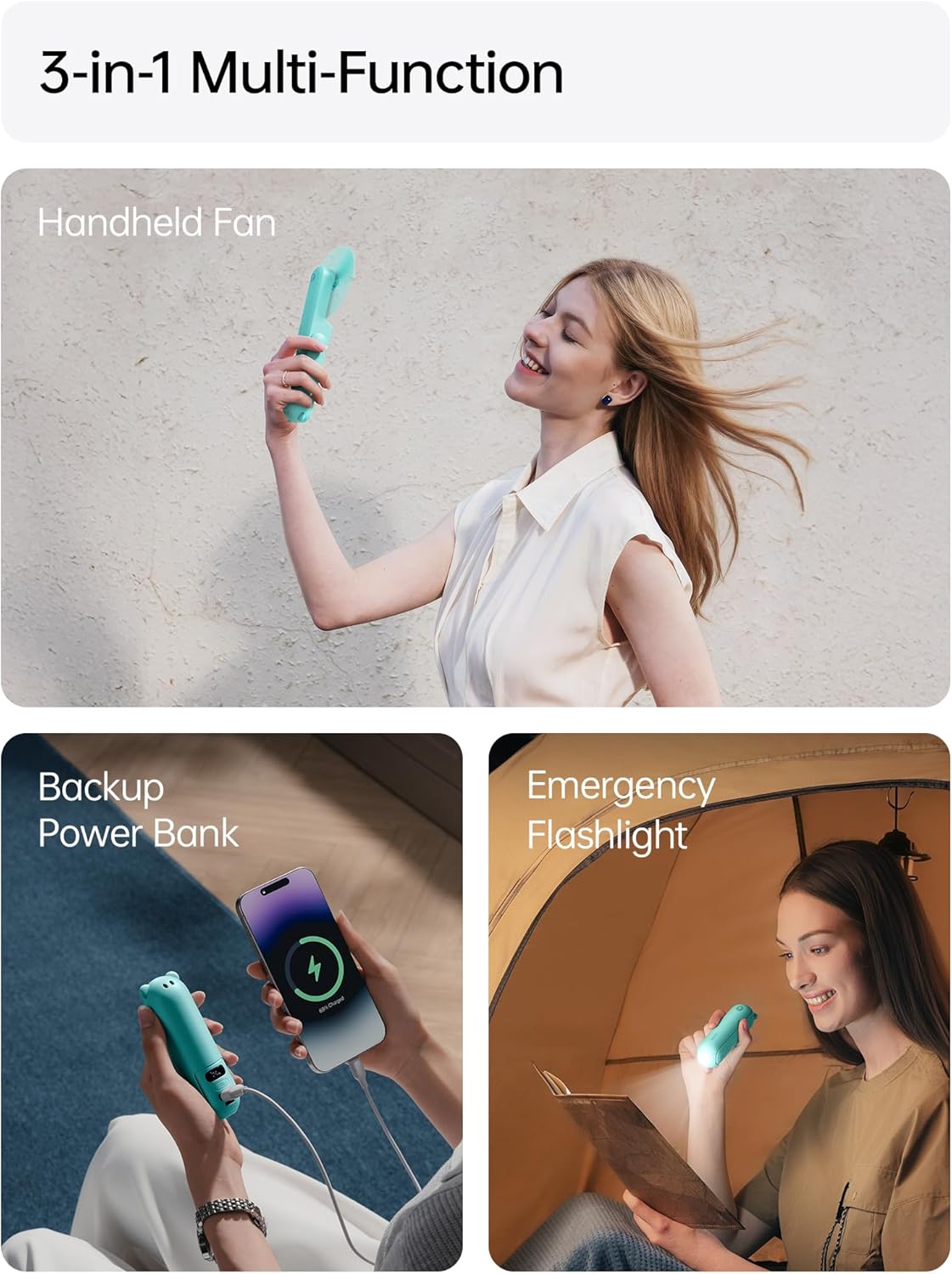 JISULIFE Mini Handventilator braun mit Powerbank LED-Anzeige Taschenlampe 24h