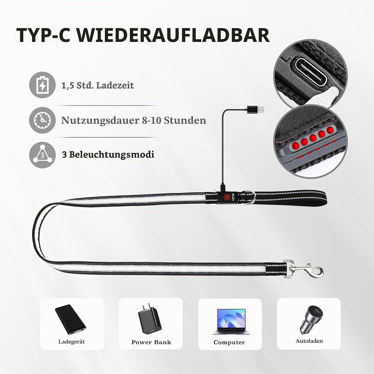 LED Hundeleine 1,2 m USB-C aufladbar 7 Modi reflektierend leuchtend