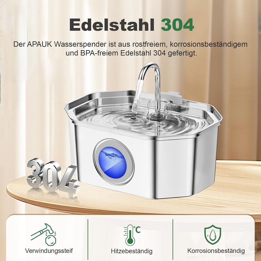 Apauk Trinkbrunnen aus Edelstahl 3,2L leise mit LED-Fenster A-2 Filter & 2 Schwae